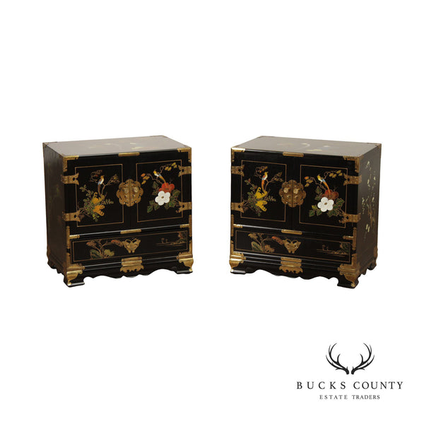 Chinoiserie Decorated Pair of Black Lacquer Nightstands