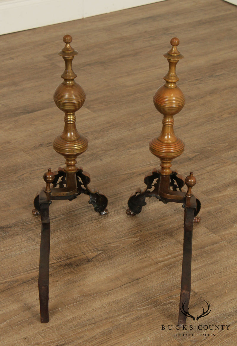 Antique Victorian Style Brass Pair of Andirons