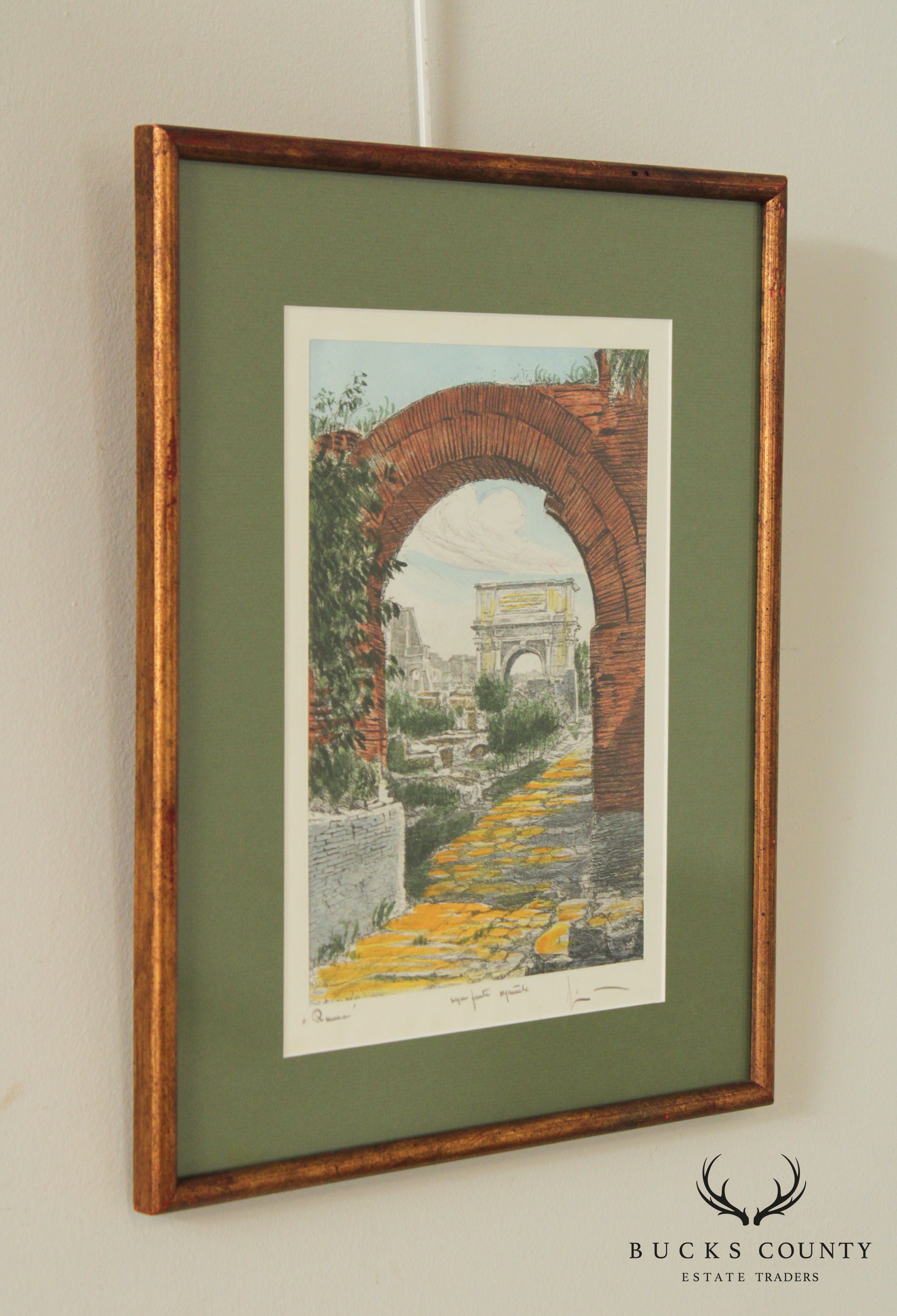 Sziklay Bela Italian Roman Ruins Colored Etching