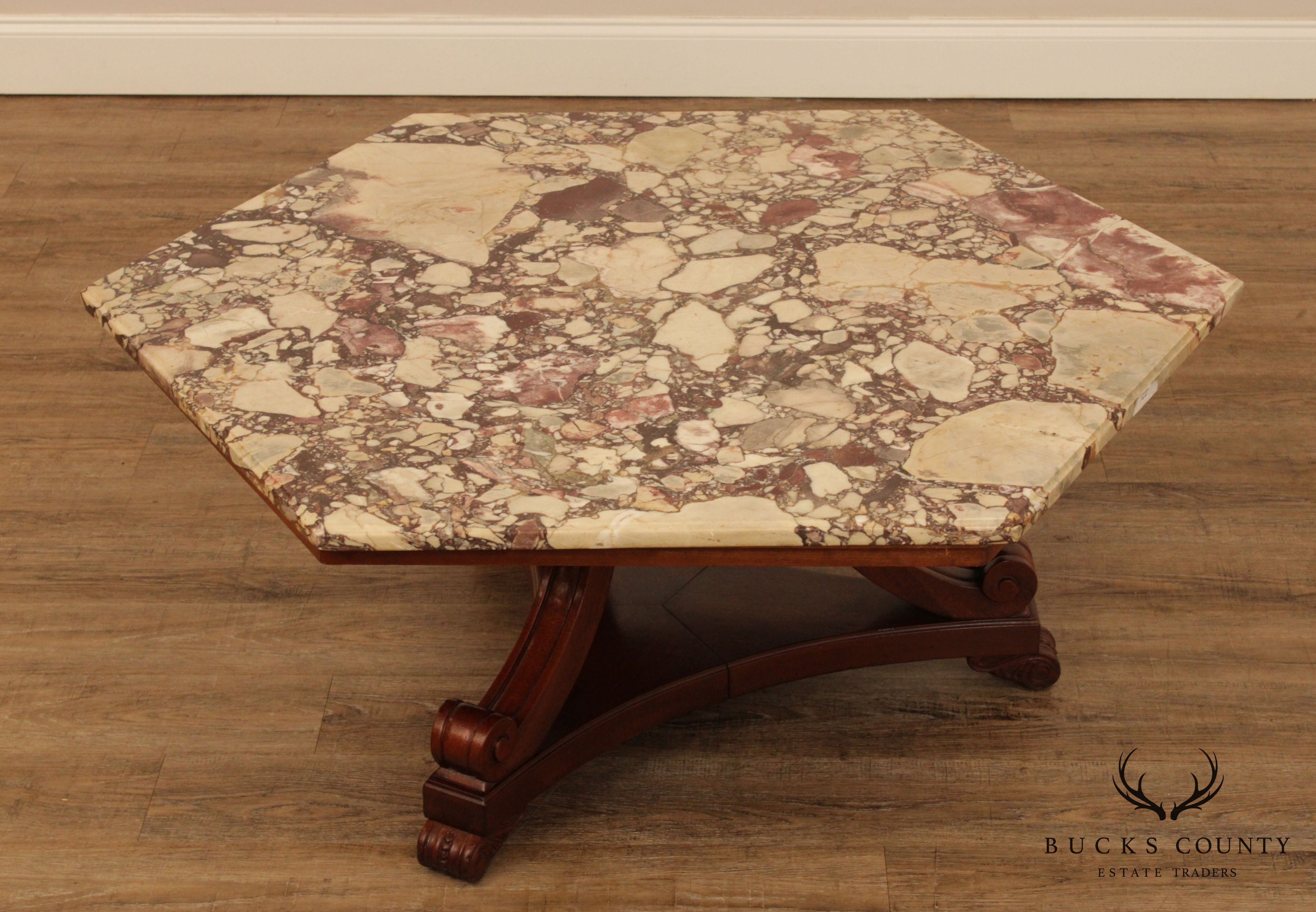 Empire Revival Vintage Mahogany Hexagon Marble Top Coffee Table