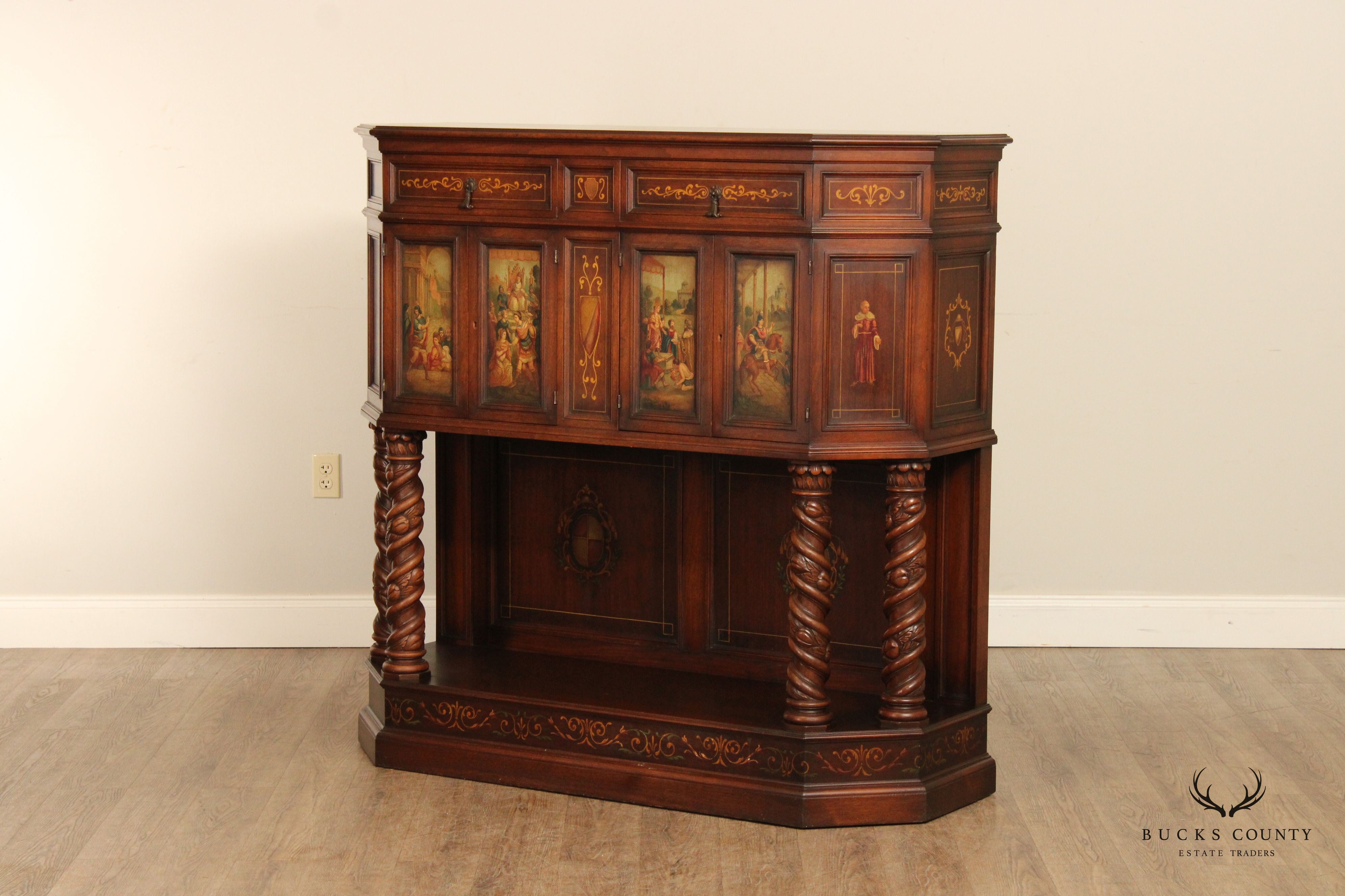 Renaissance Revival Style Polychrome Painted Walnut Court Cabinet