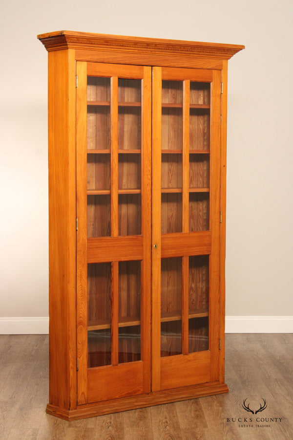 Antique Traditional Pine and Double Glass Door Bookcase Cabinet