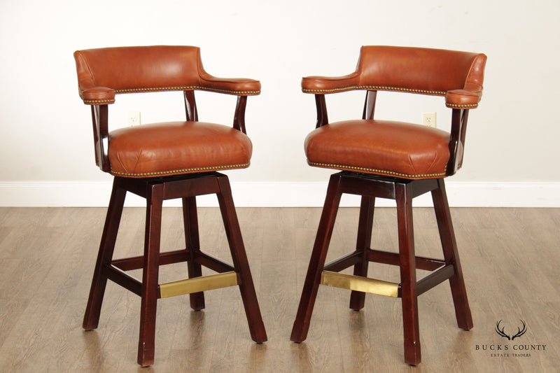 Traditional Pair Leather Upholstered Swivel Bar Stools