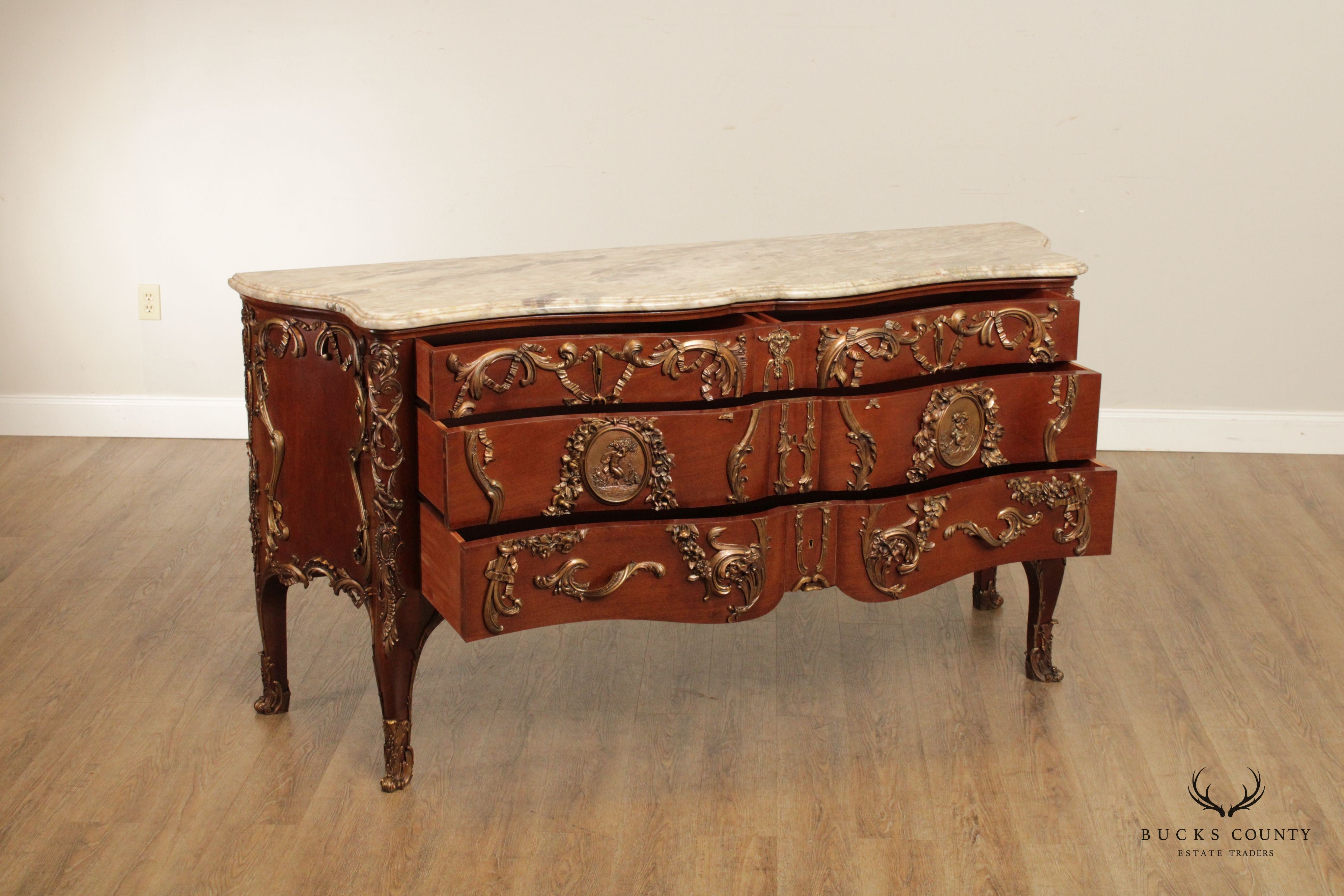 Herraiz French Regence Style Marble Top Chest of Drawers Commode