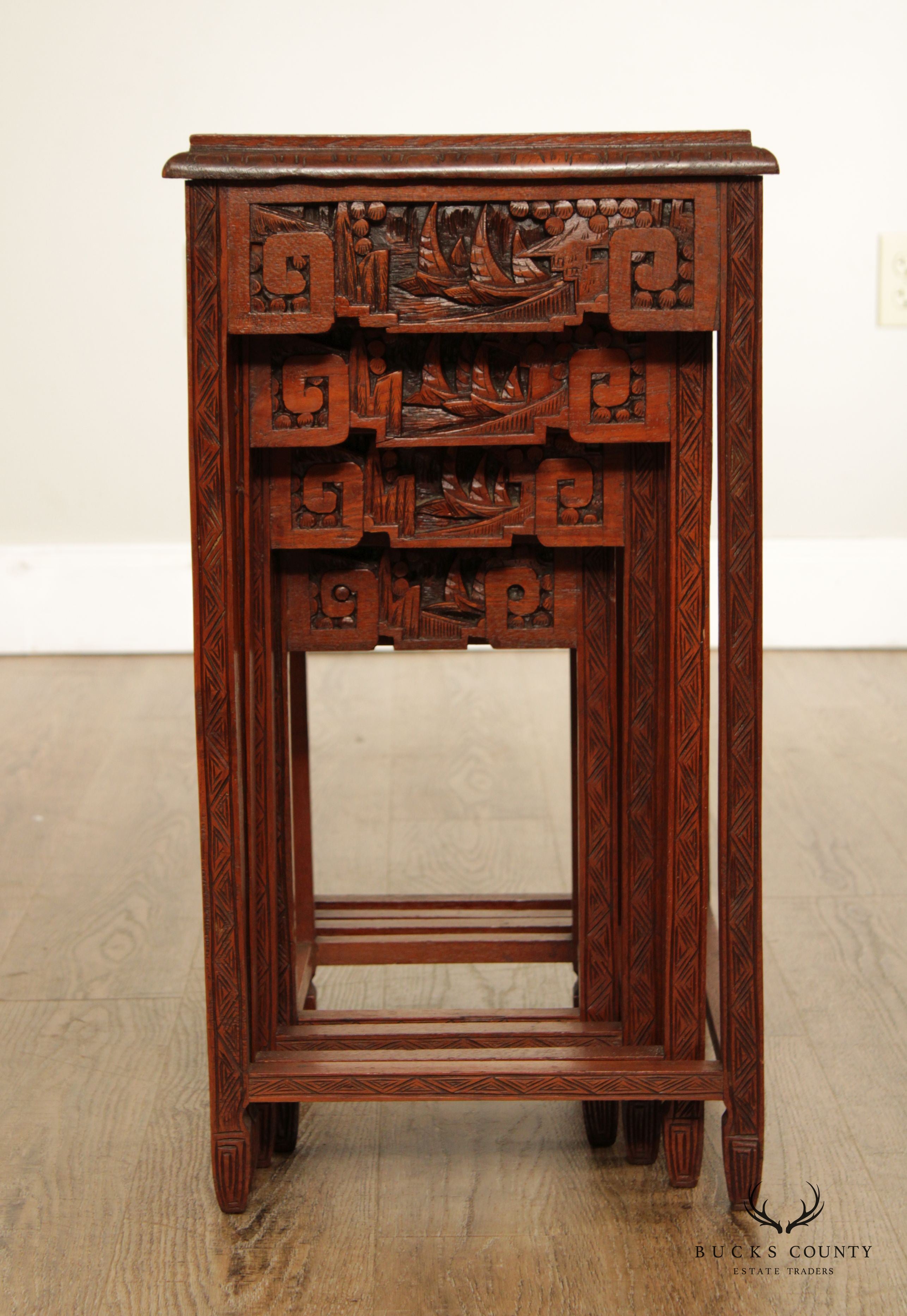 Chinoiserie Carved Set of Four Hardwood Glass Top Nesting Tables