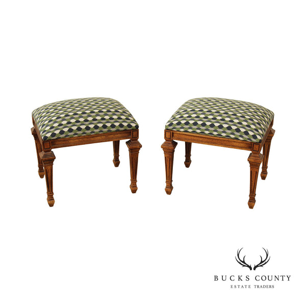 French Louis XVI Style Pair Upholstered Walnut Stools