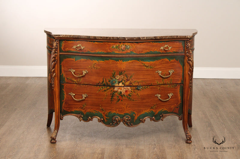 French Louis XV Style Paint Decorated Marble Top Commode
