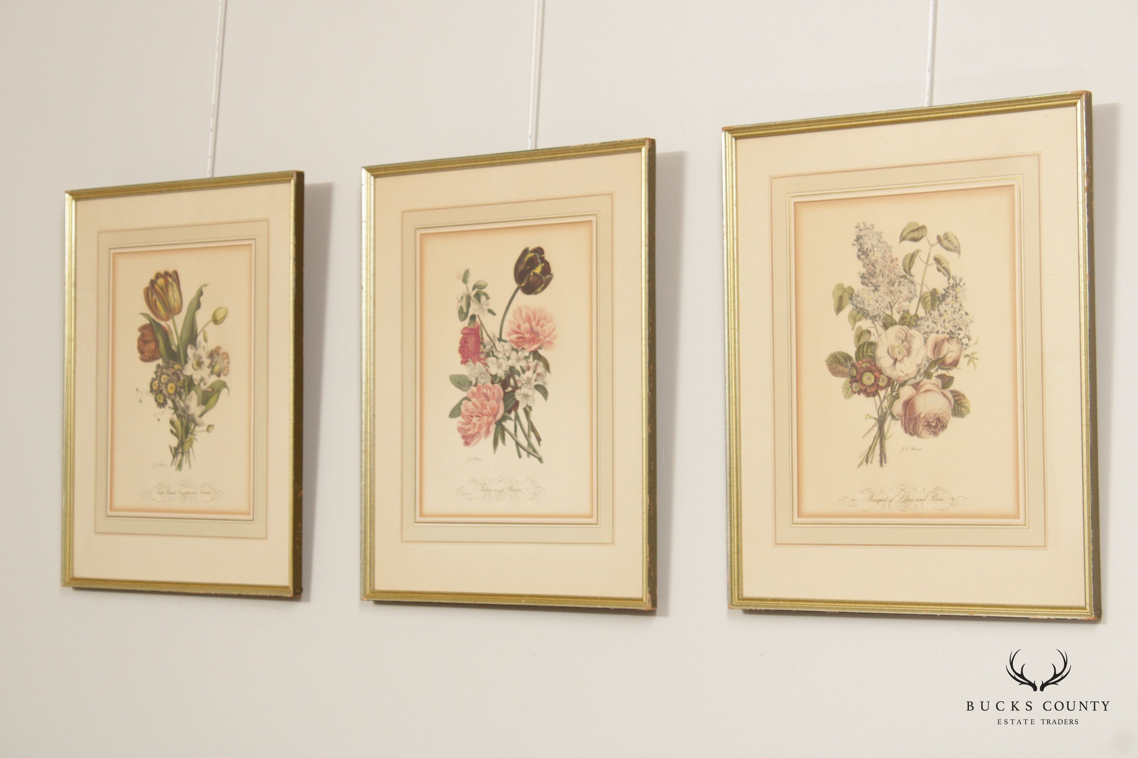 Jean Louis Prevost French Set Three Floral Prints, Custom Framed