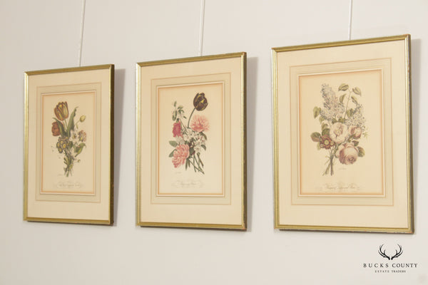 Jean Louis Prevost French Set Three Floral Prints, Custom Framed