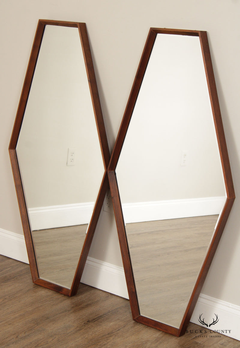 Mid Century Modern Pair of Walnut Hexagonal Accent Mirrors