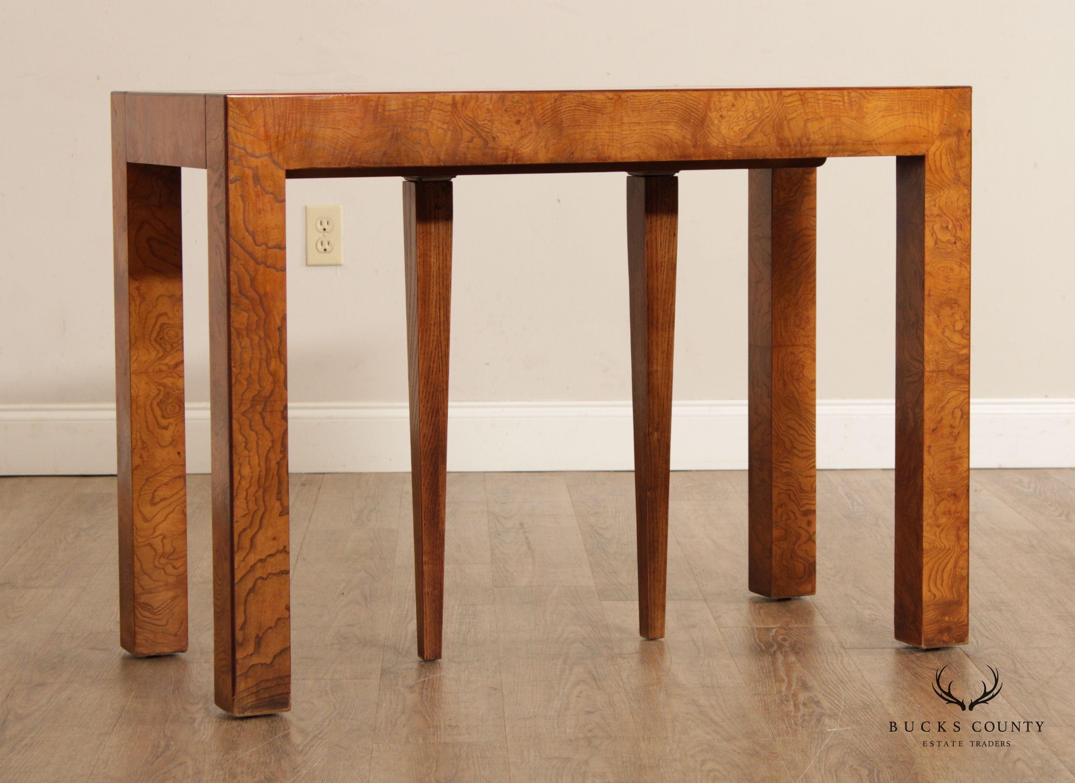 John Widdicomb Mid-Century Modern Burl Wood Expandable Parsons Dining Table (A)