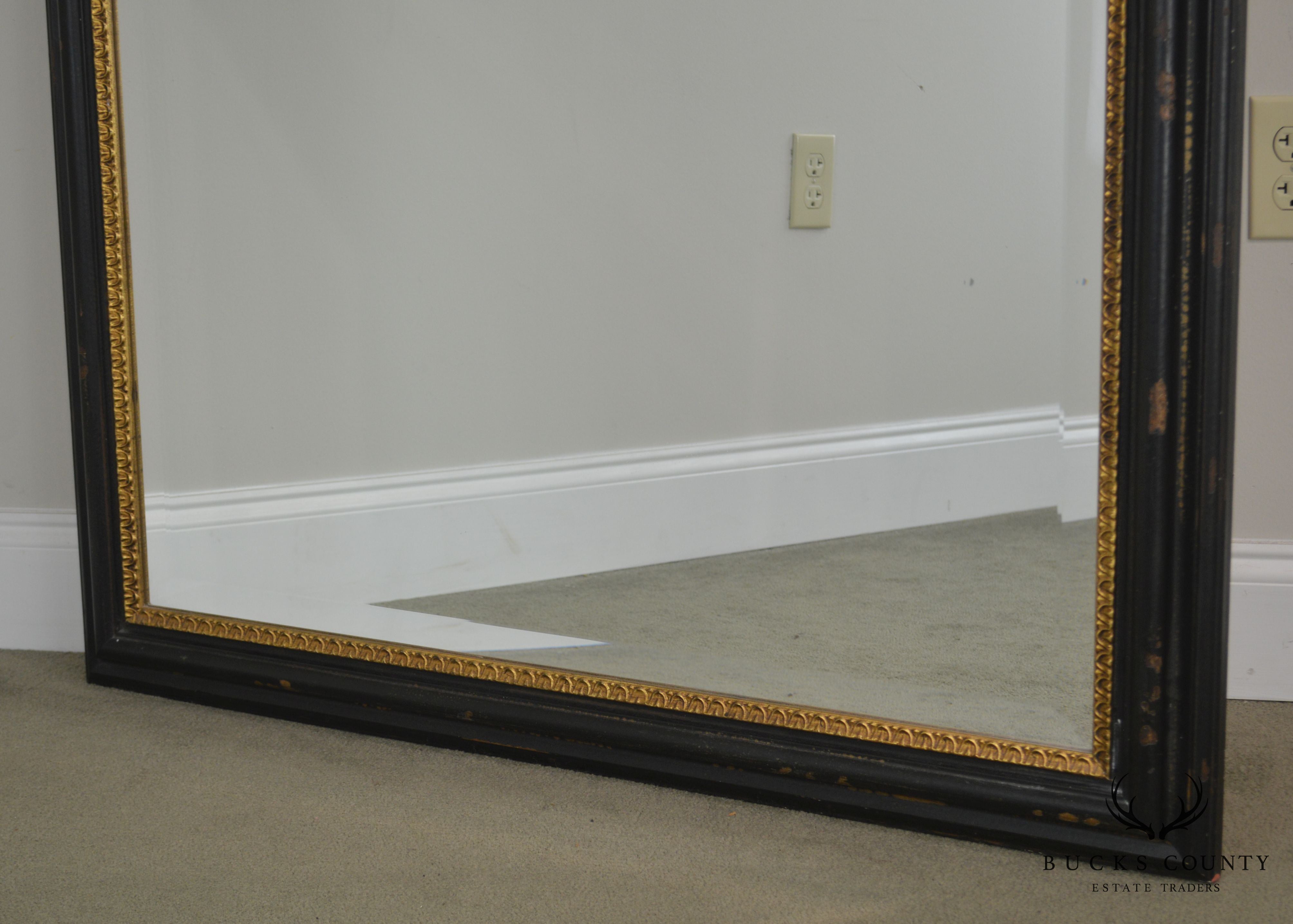 Regency Style Distressed Black & Gold Frame Rectangular Pair Beveled Mirrors