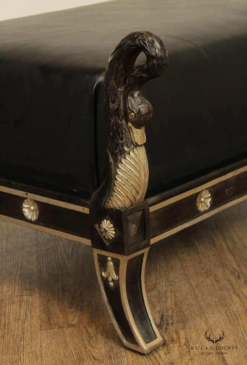 Regency Style Figural Gooseneck Carved Black Leather Upholstered Ottoman