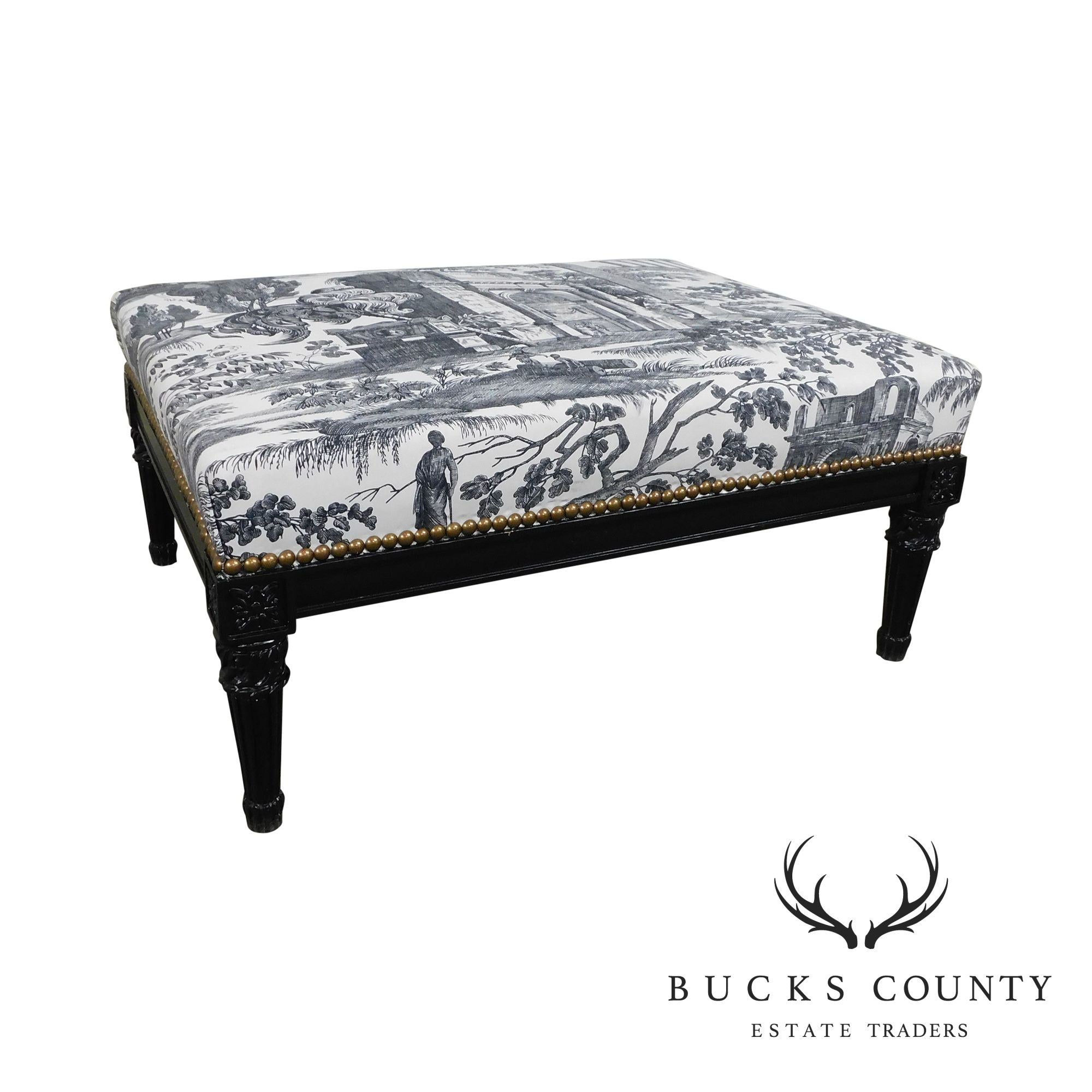 French Louis XVI Custom Black Ebonized Footstool, Toile Upholstery