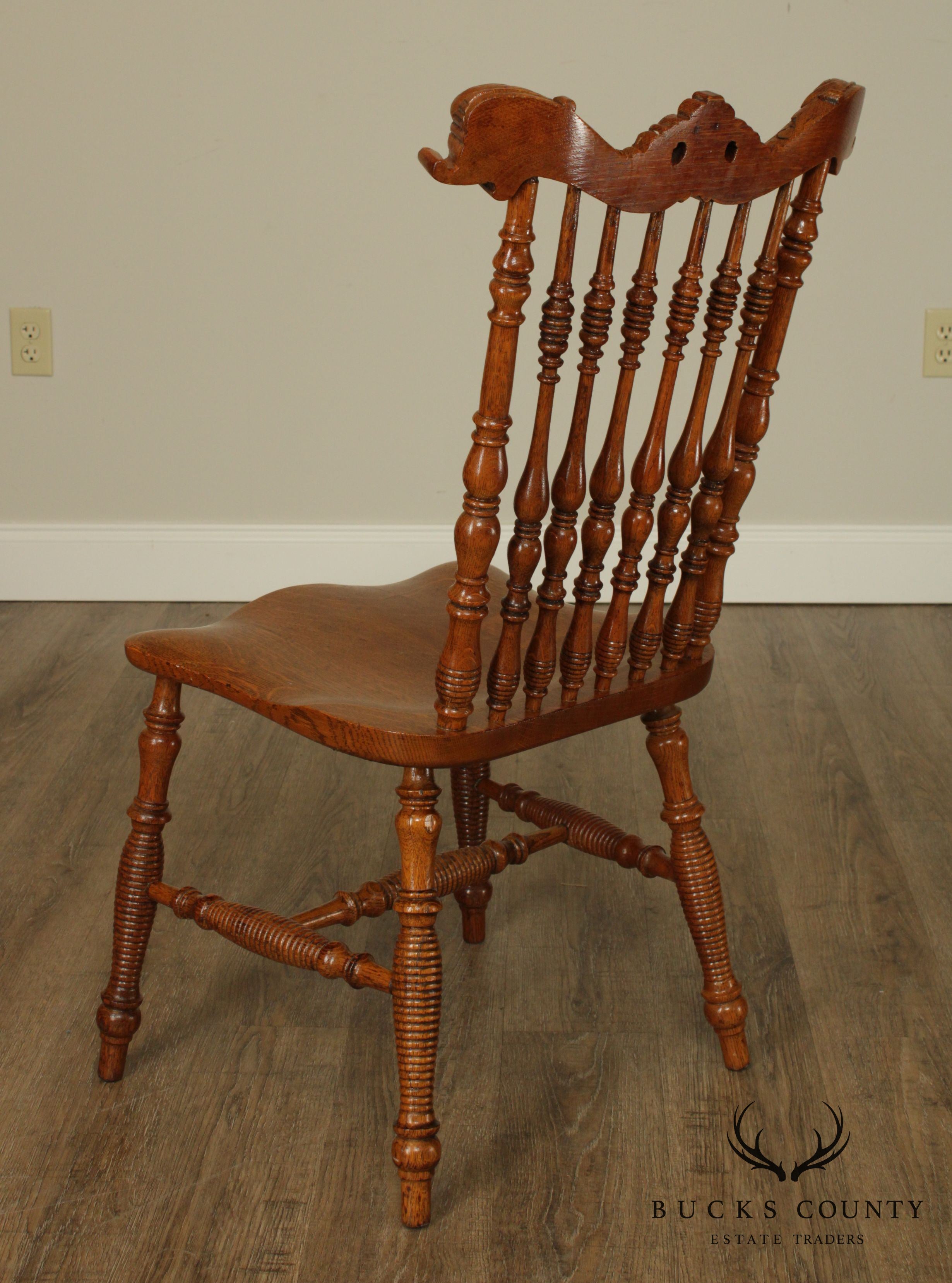 Antique Victorian Oak Turned Spindle Side Chair With Curved Dolphins