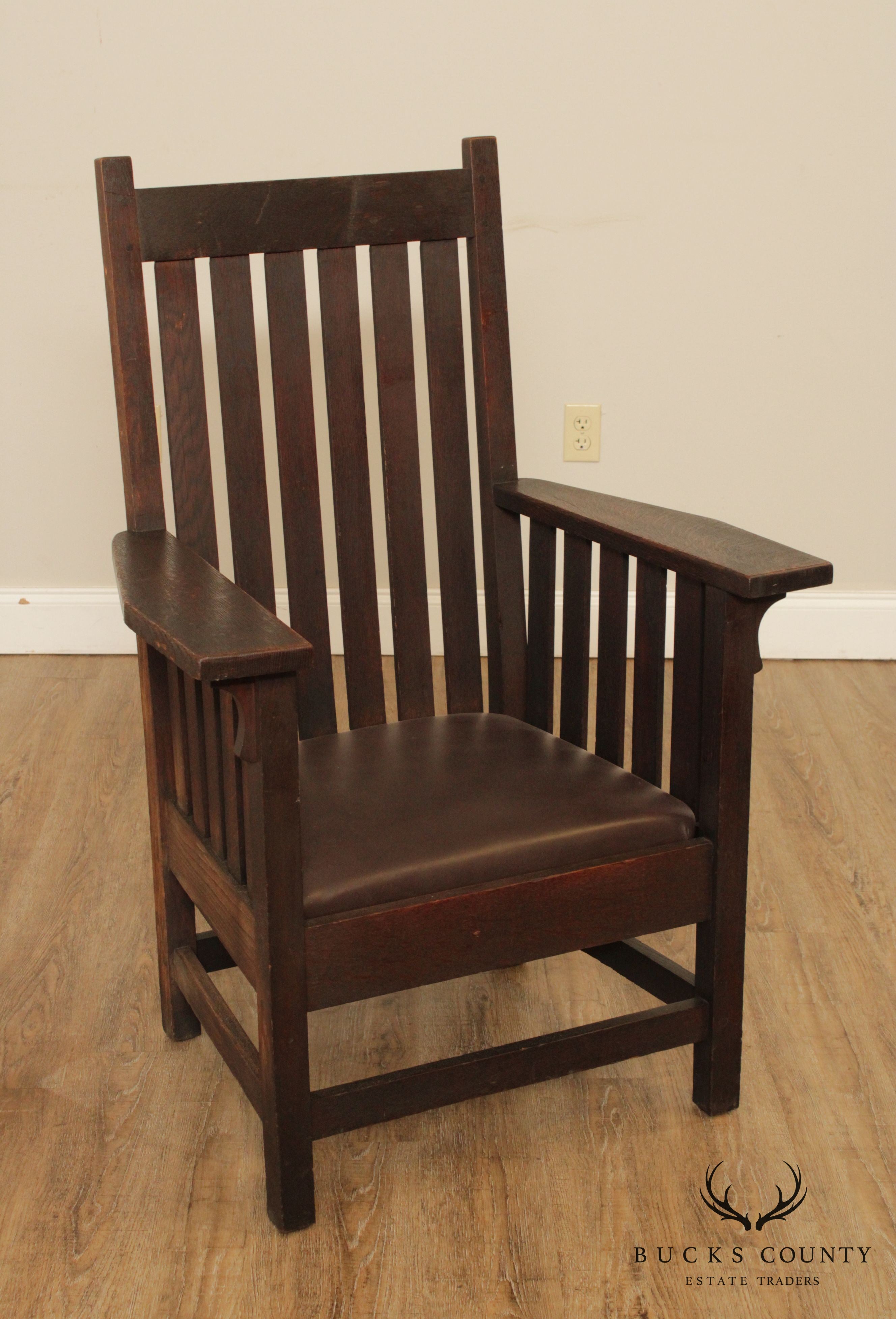 Antique Mission Oak & Leather High Back Armchair