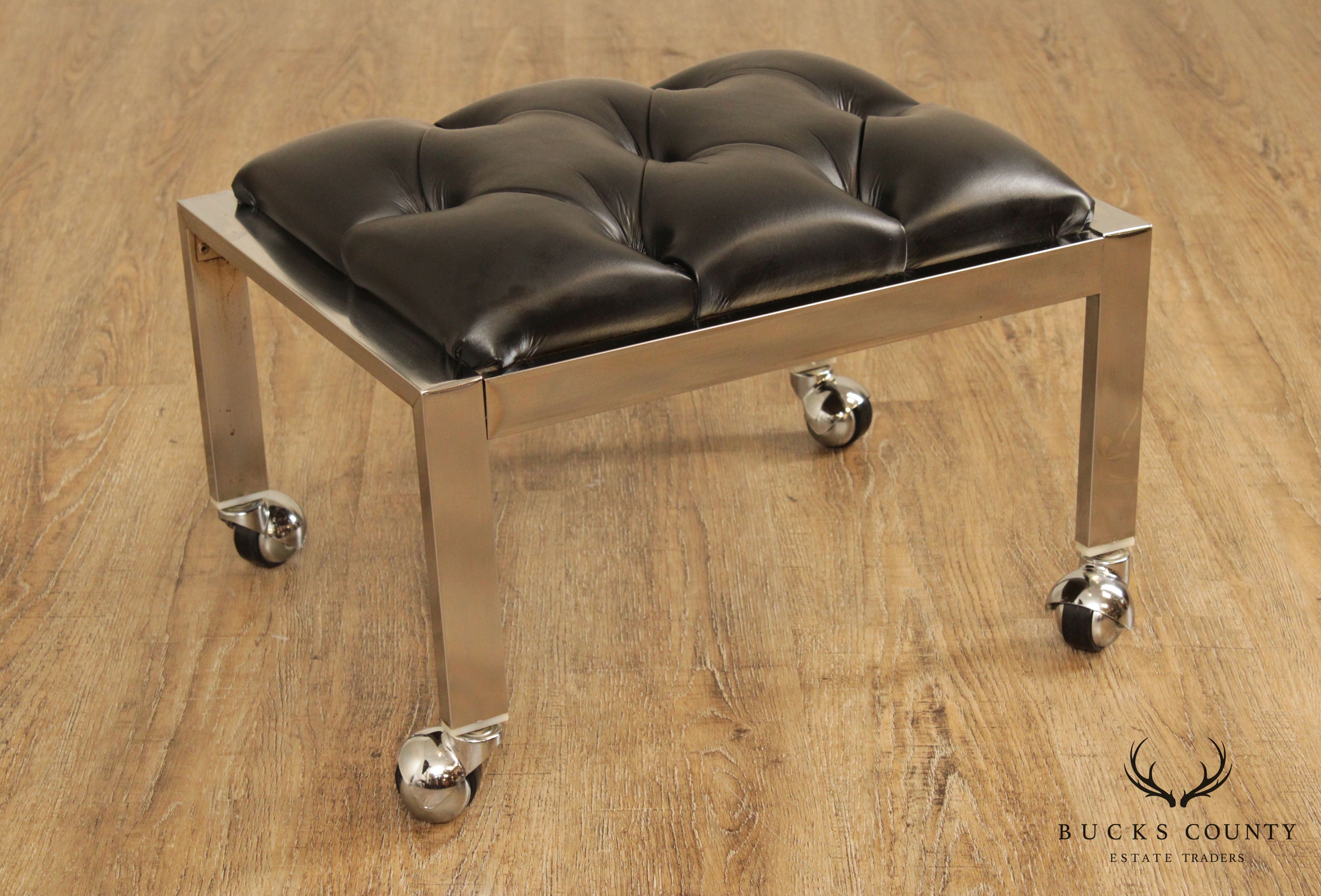 Vintage Modern Chrome & Black Vinyl Rolling Footstool