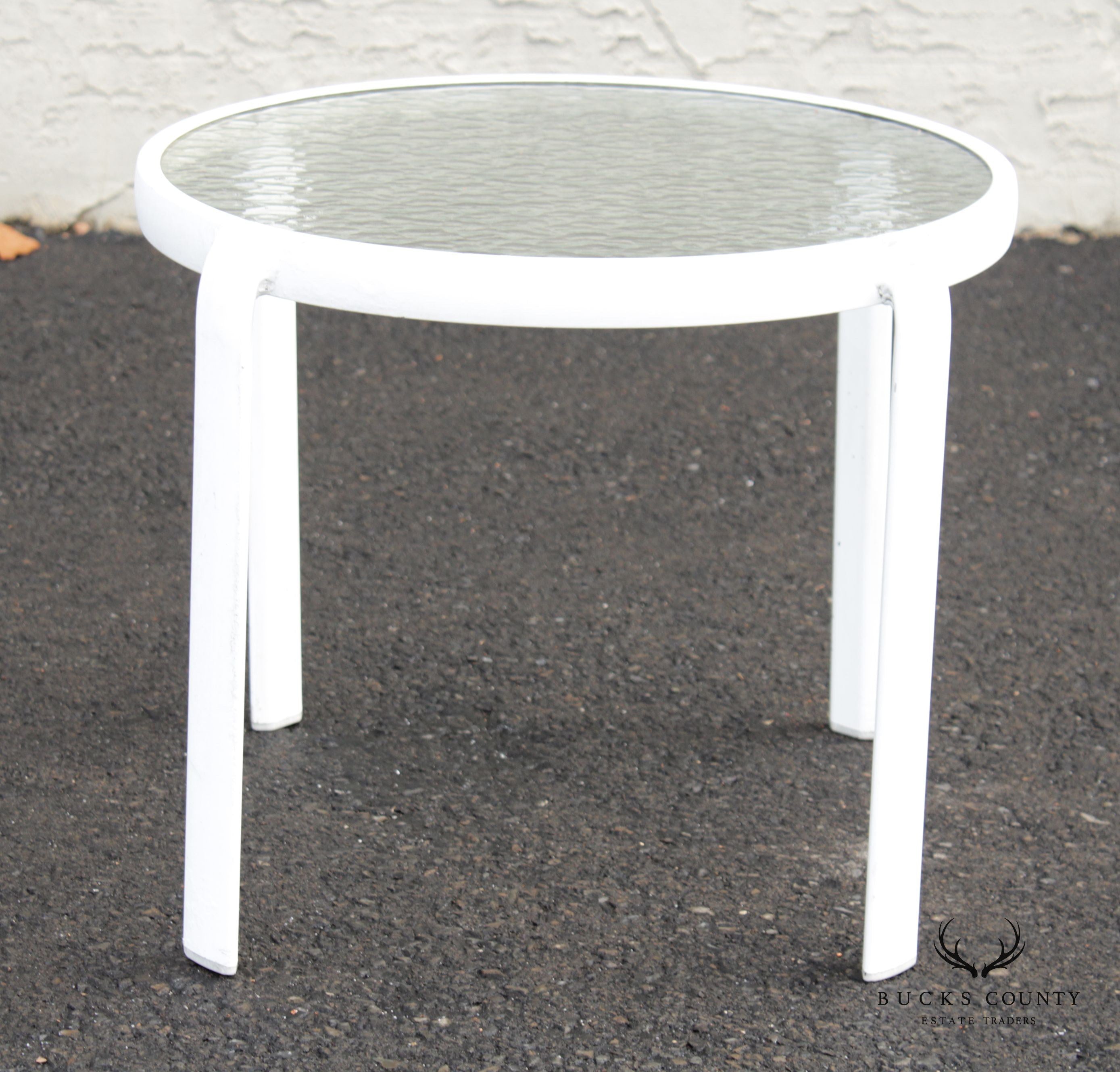 Vintage Aluminum and Glass Round Outdoor Patio End Table (A)