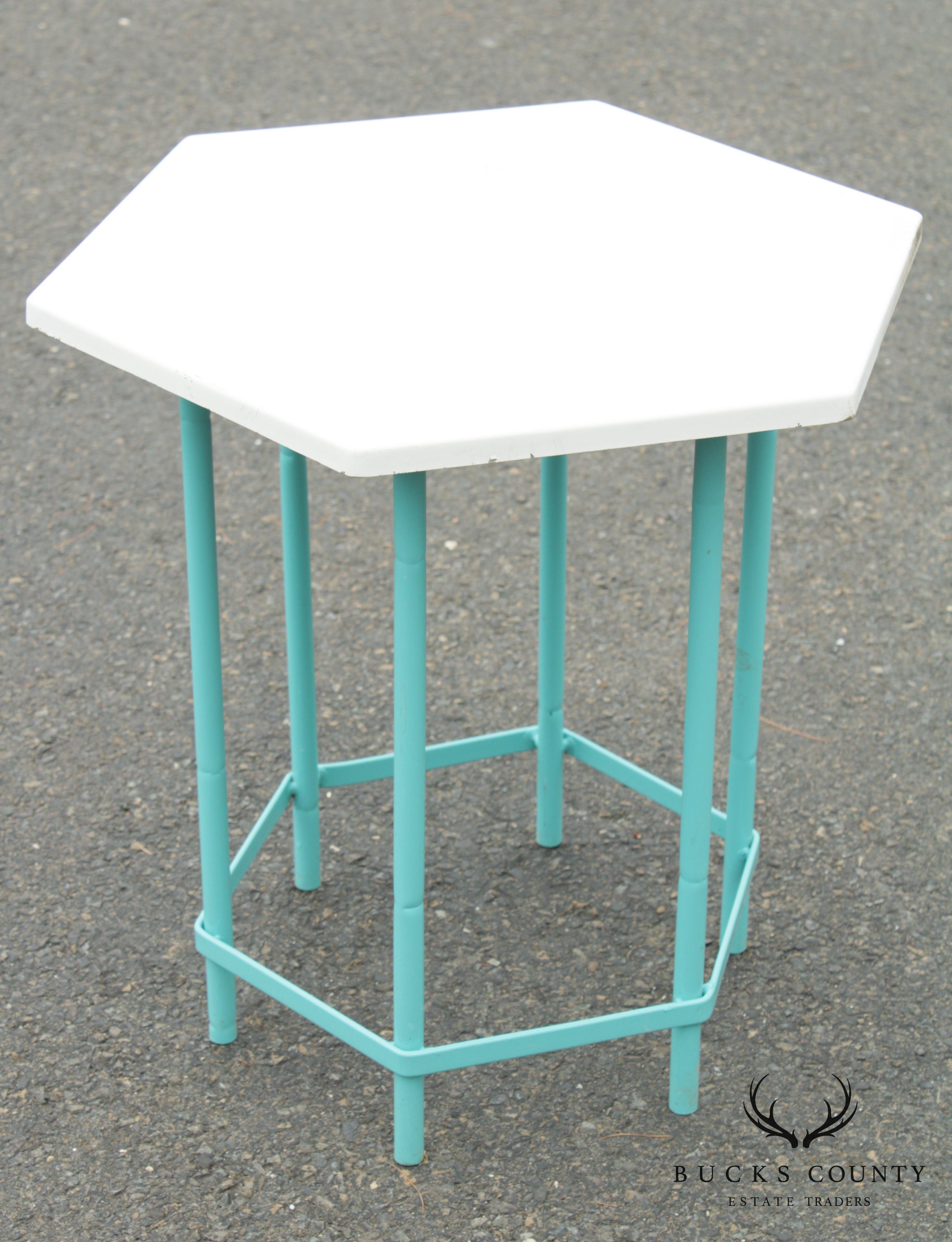 Mid Century Modern Teal Painted Base Hexagon Top Patio Side Table