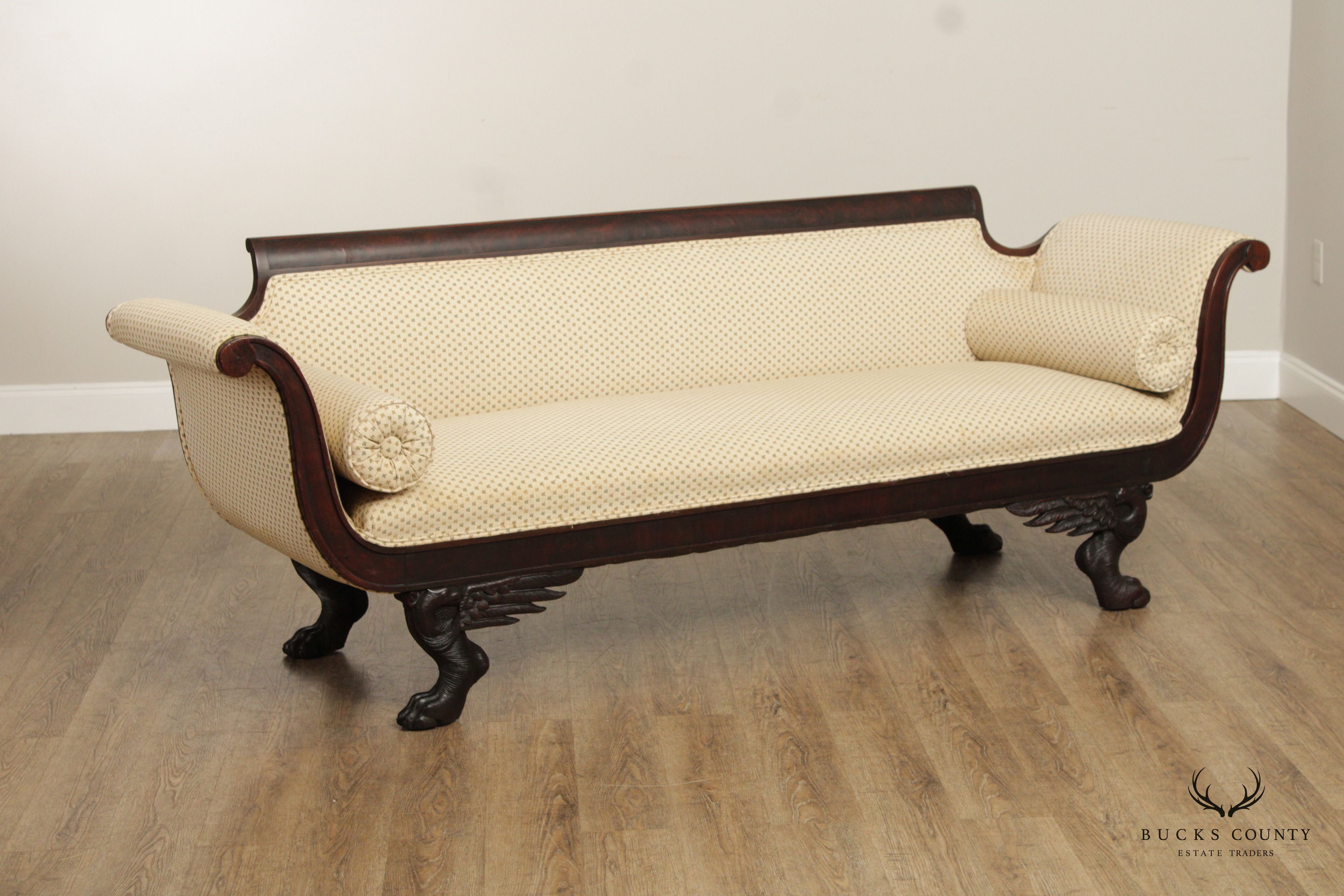 ANTIQUE AMERICAN CLASSICAL EMPIRE CARVED MAHOGANY CLAW FOOT SOFA