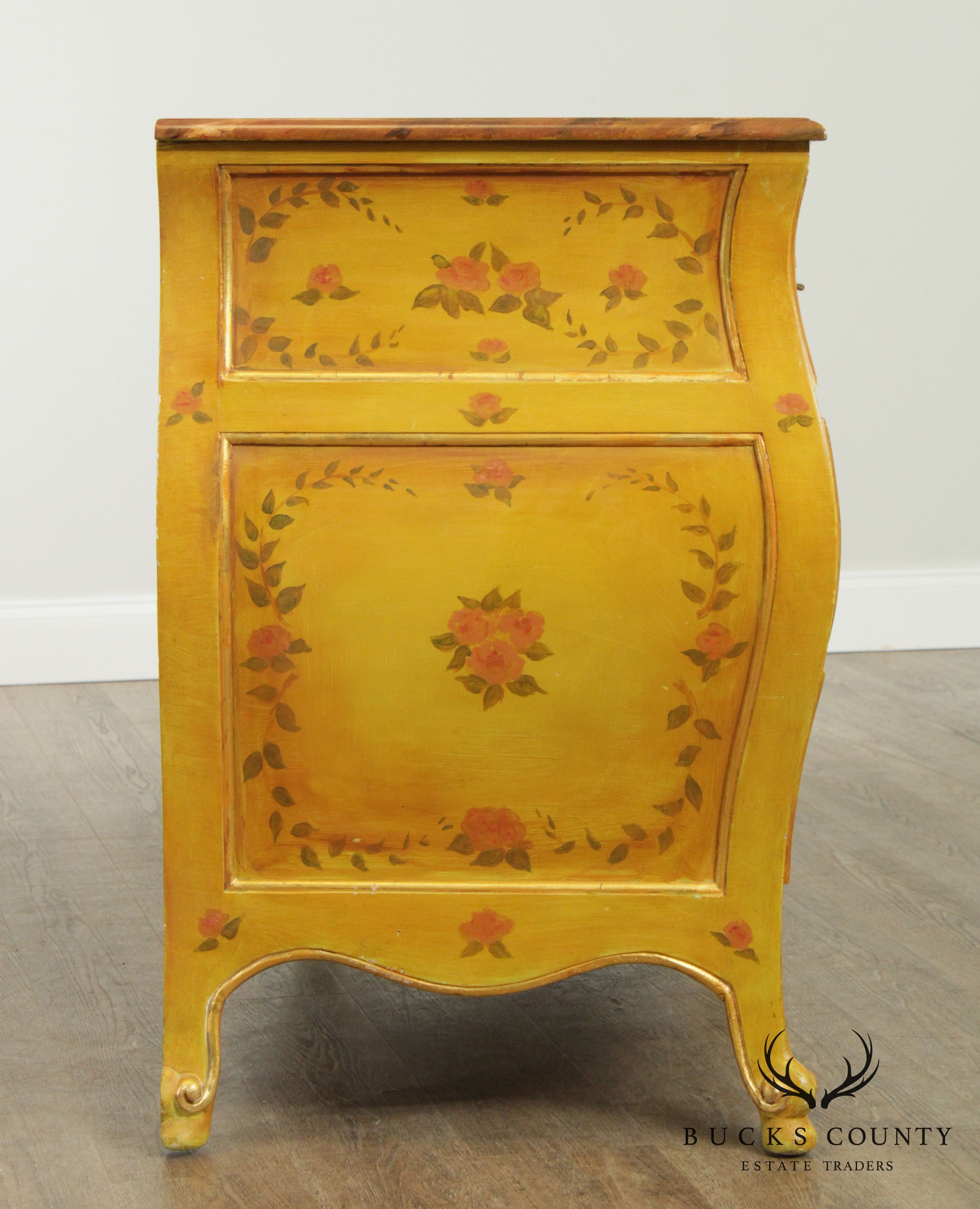 French Louis XV Style Vintage Hand Painted Bombe Commode Chest