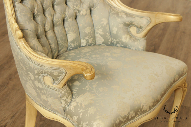 French Provincial Vintage Pair Tufted Fireside Armchairs