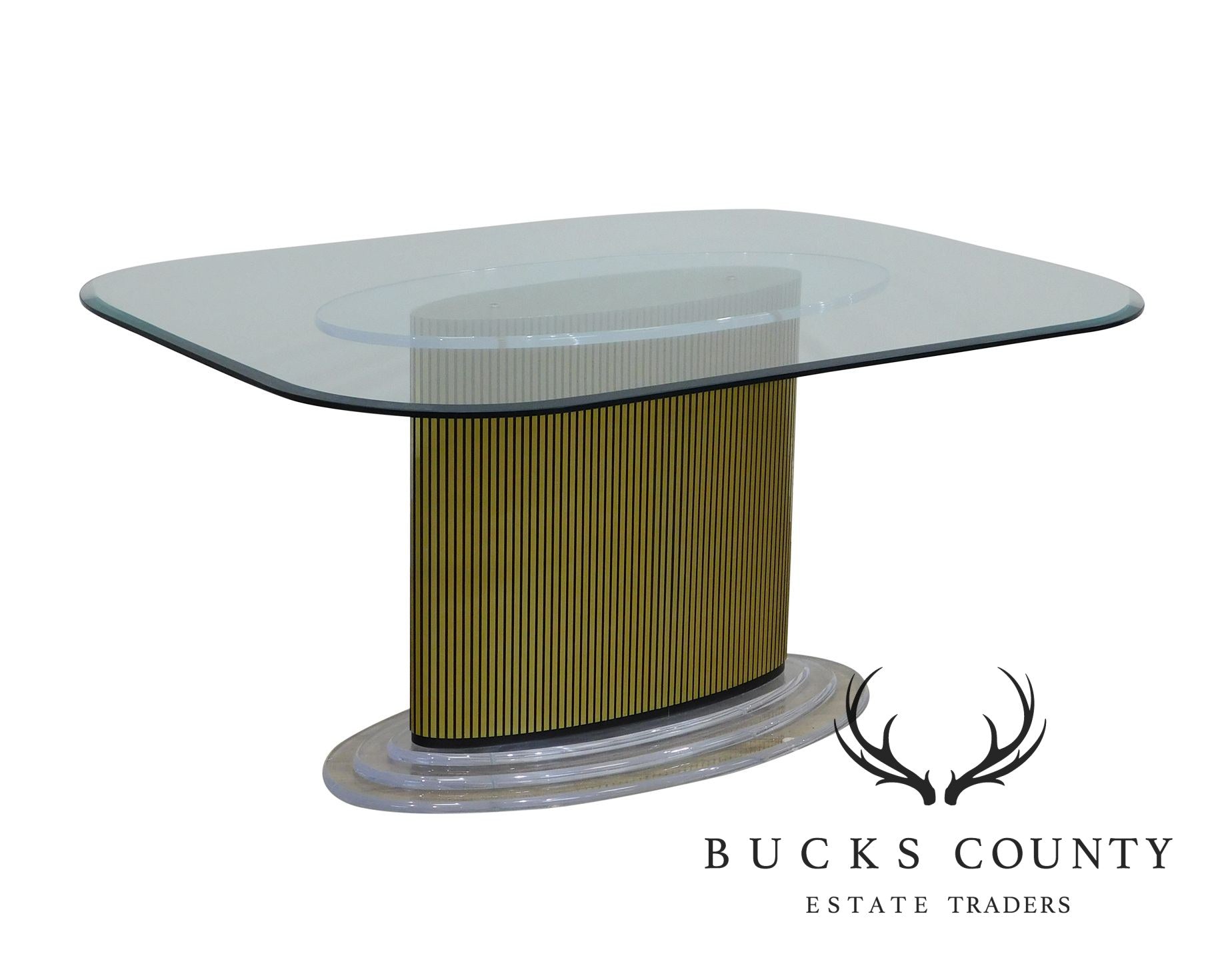 Mid Century Modern Lucite and Gold pedestal Base Glass Top Dining Table