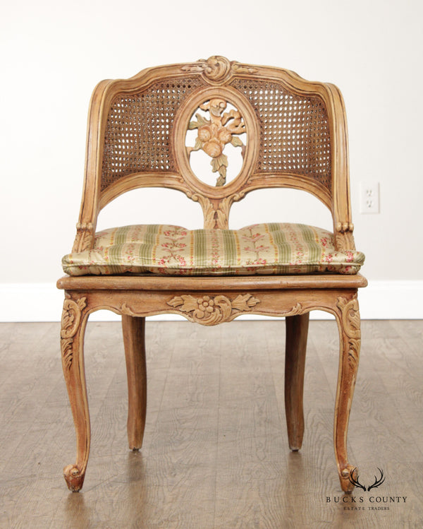 French Louis XV Style Antiqued Cane Back Accent Chair