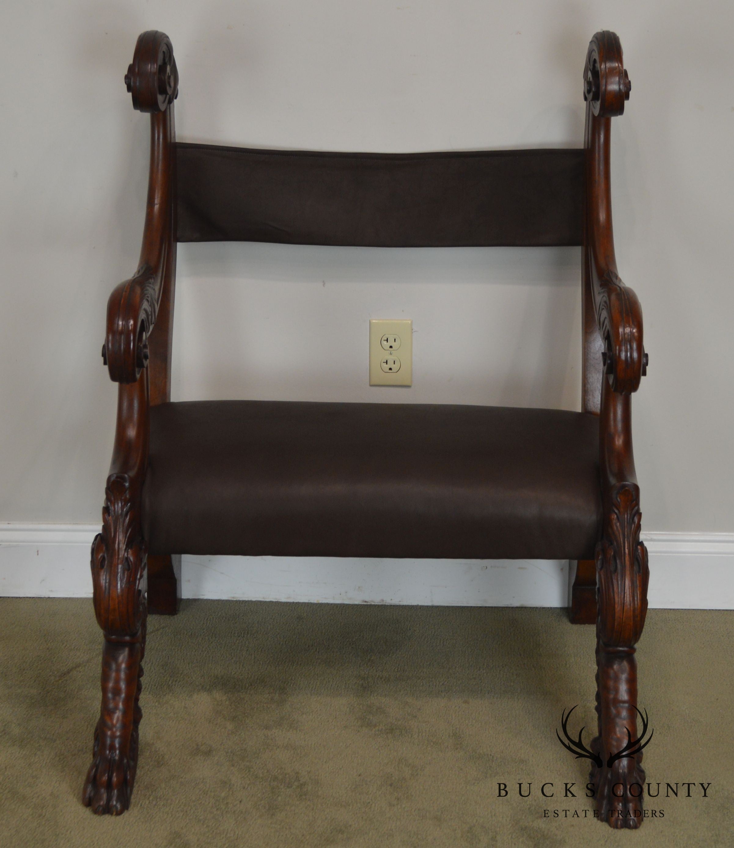 Antique 19th Century Unusual Italian Renaissance Revival Carved Claw Foot Leather Armchair