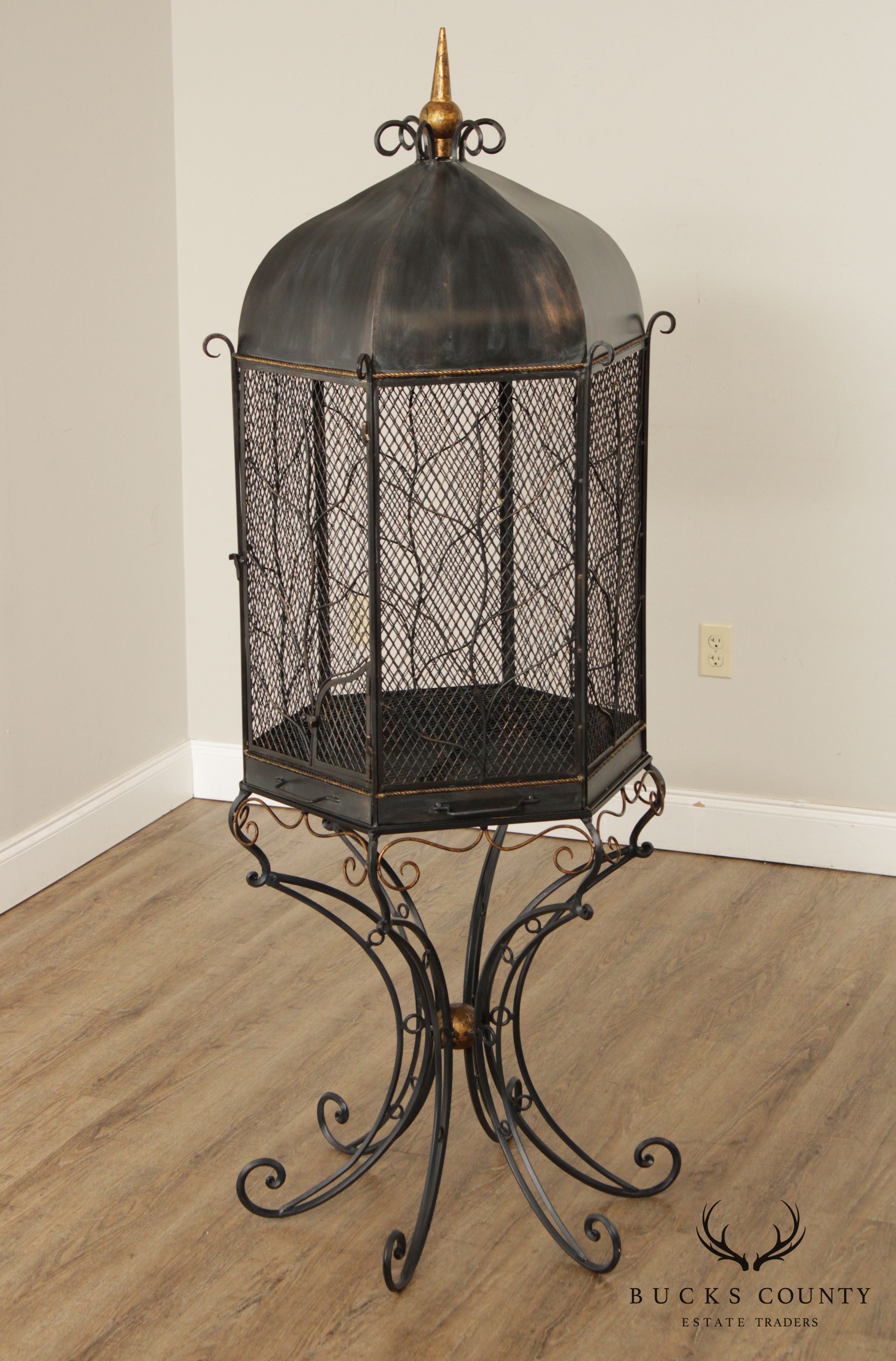 Ornate Wrought Iron Birdcage on Stand