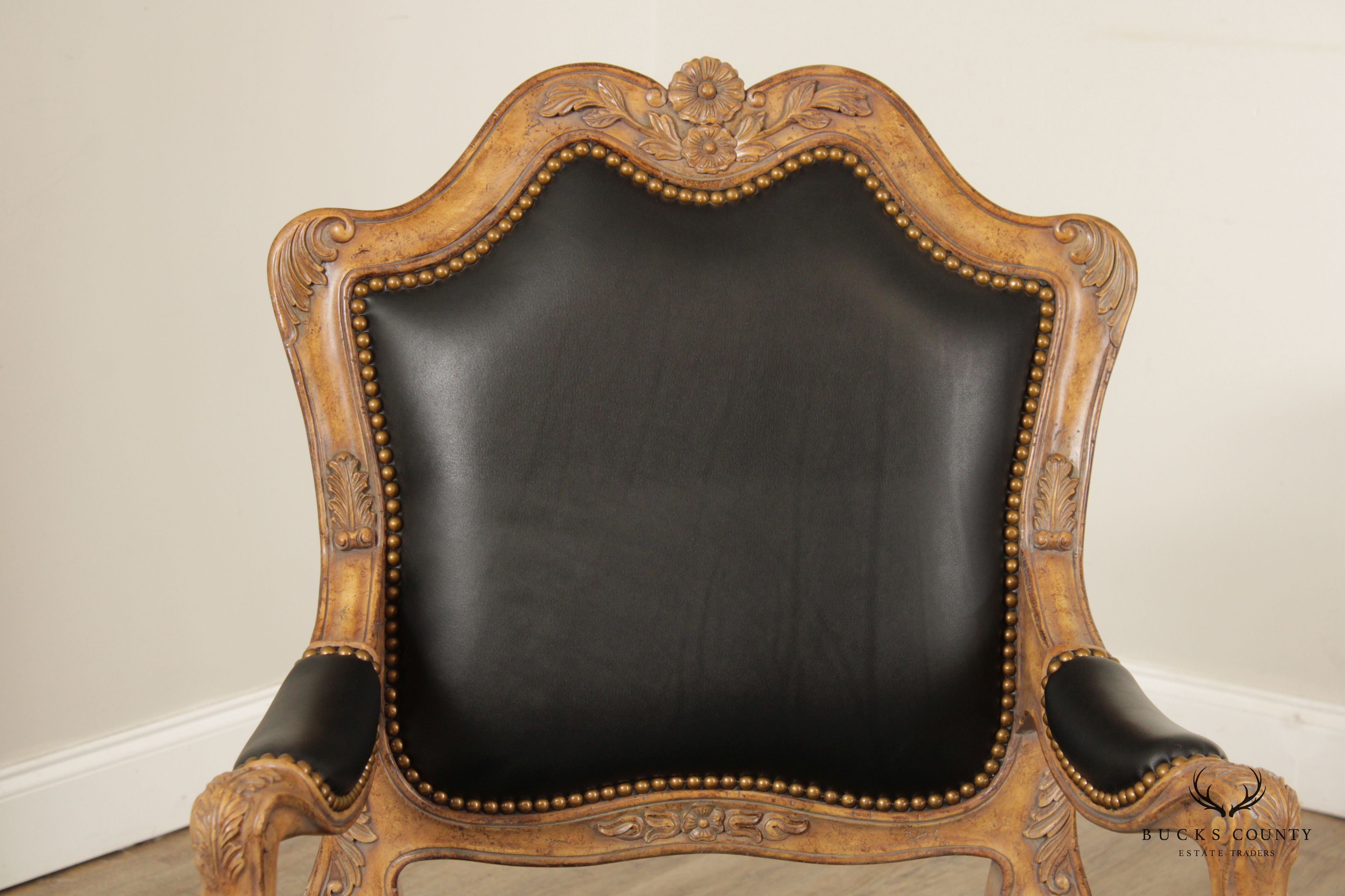 Maitland Smith Louis XV Style Carved Wood and Black Leather Armchair