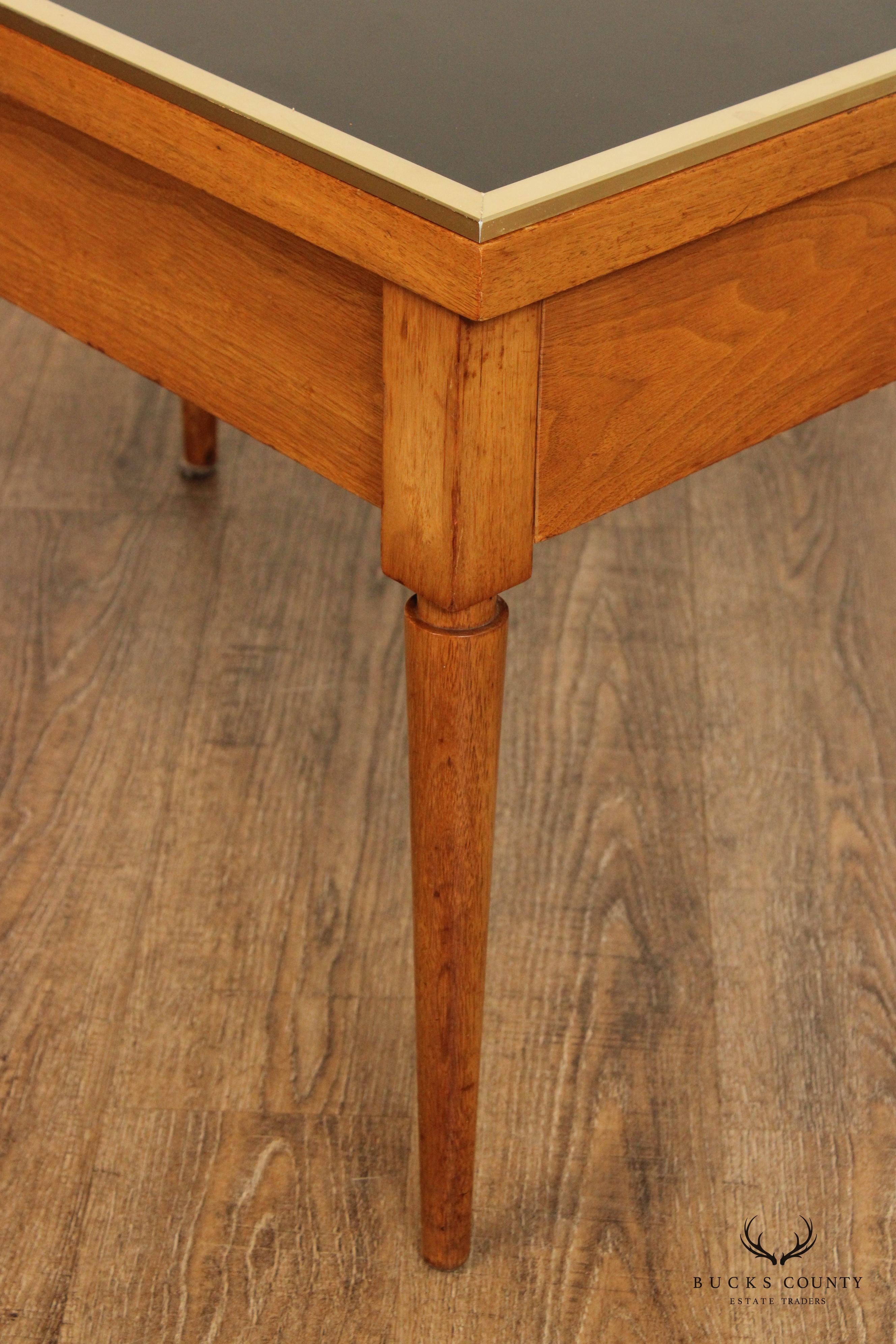 Mid Century Modern Directoire Style Pair of Black Glass Top Fruitwood Side Tables