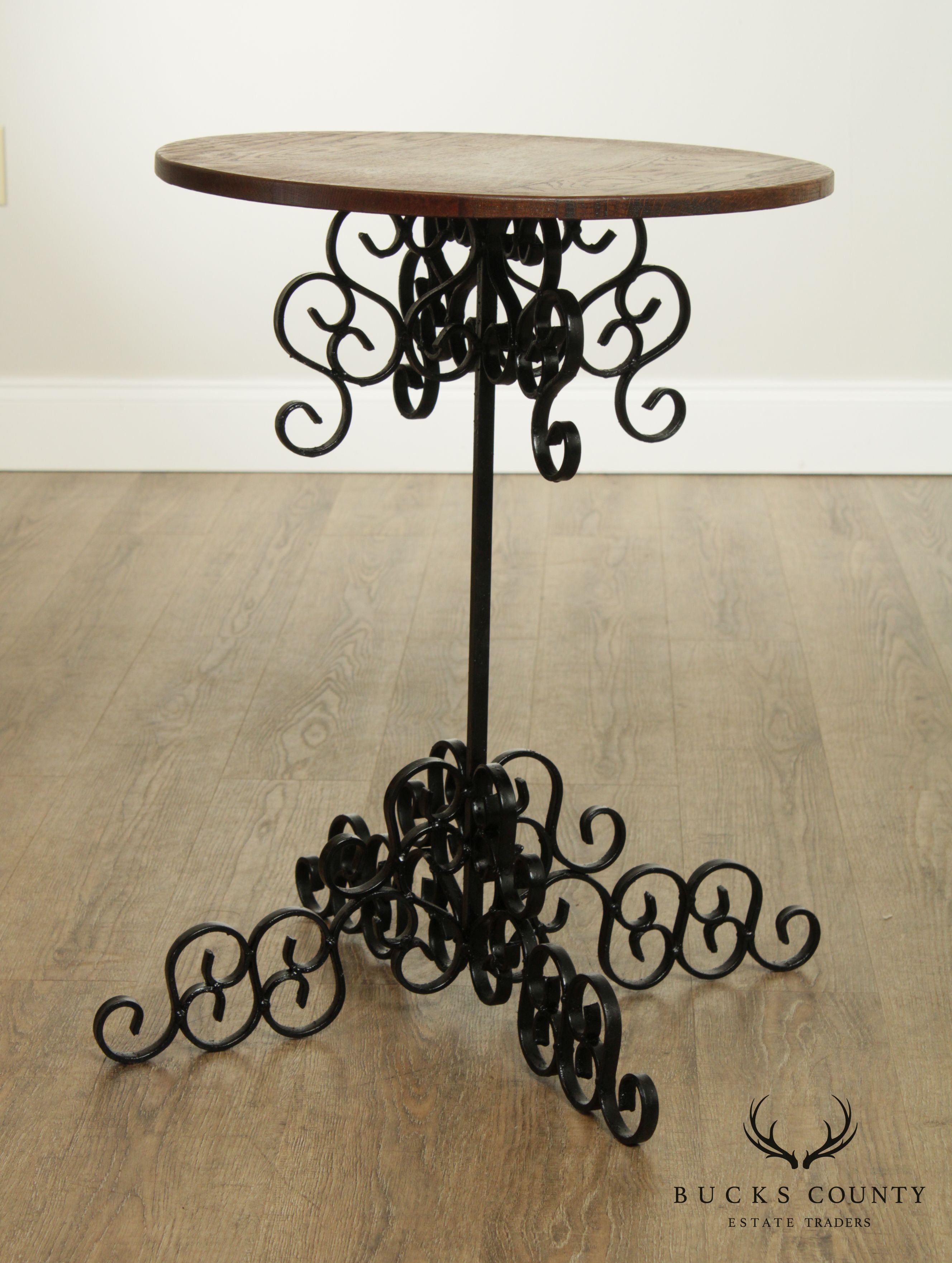 Vintage Scrolled Wrought Iron Round Oak Top Pedestal Side Table