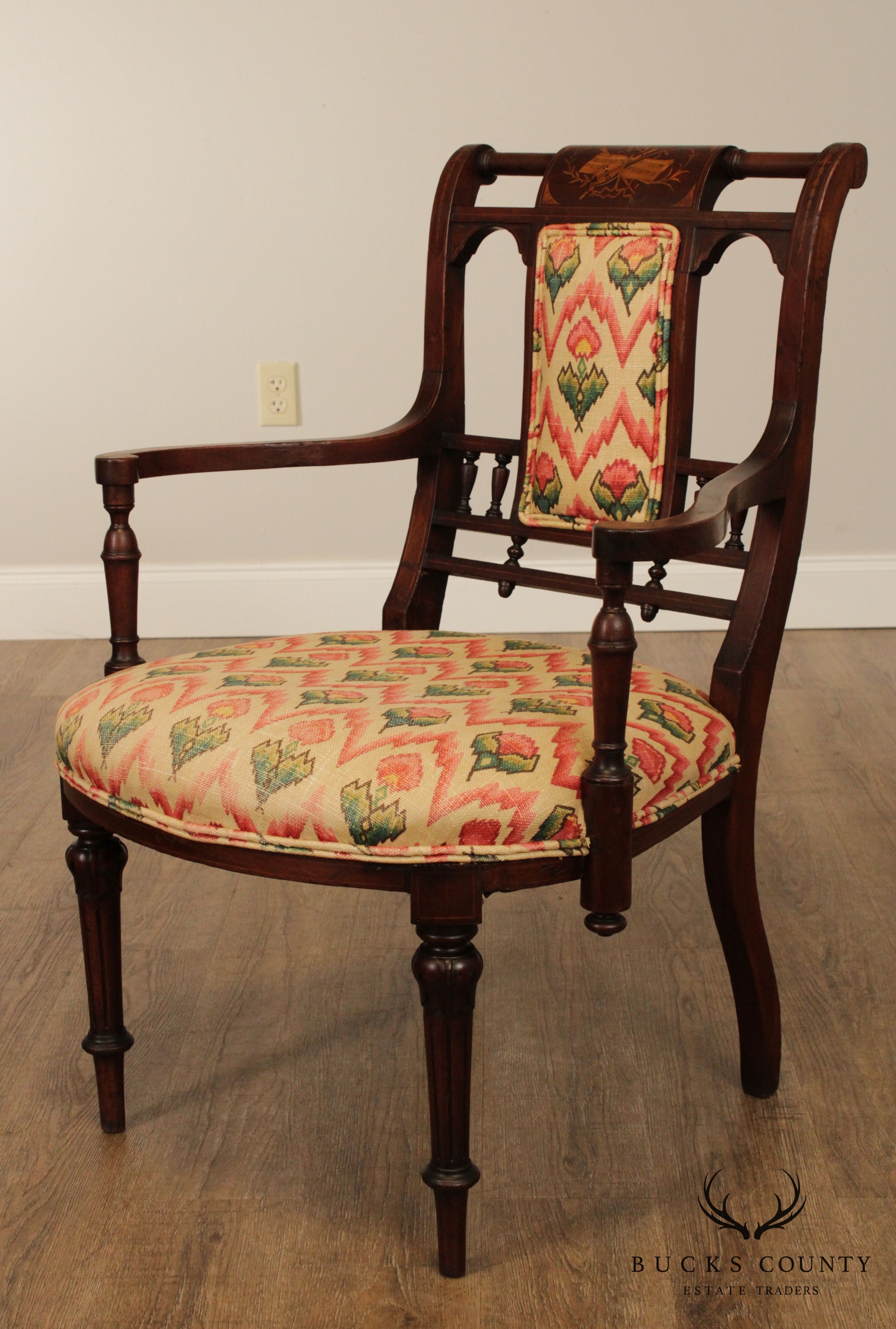 Antique Eglantine Marquetry Inlaid Pair Walnut Armchairs