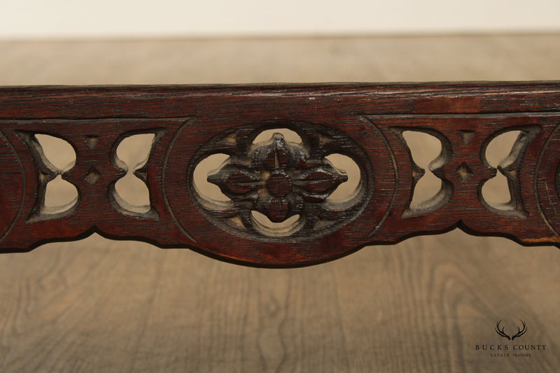 Arts And Crafts Antique Gothic Revival Carved Oak and Leather Bench