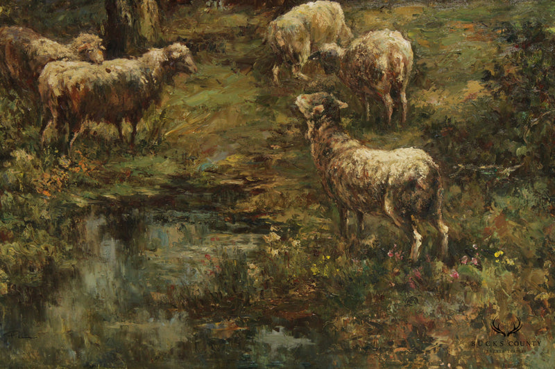 Impressionist Style Large Pastoral Landscape Oil Painting, Signed