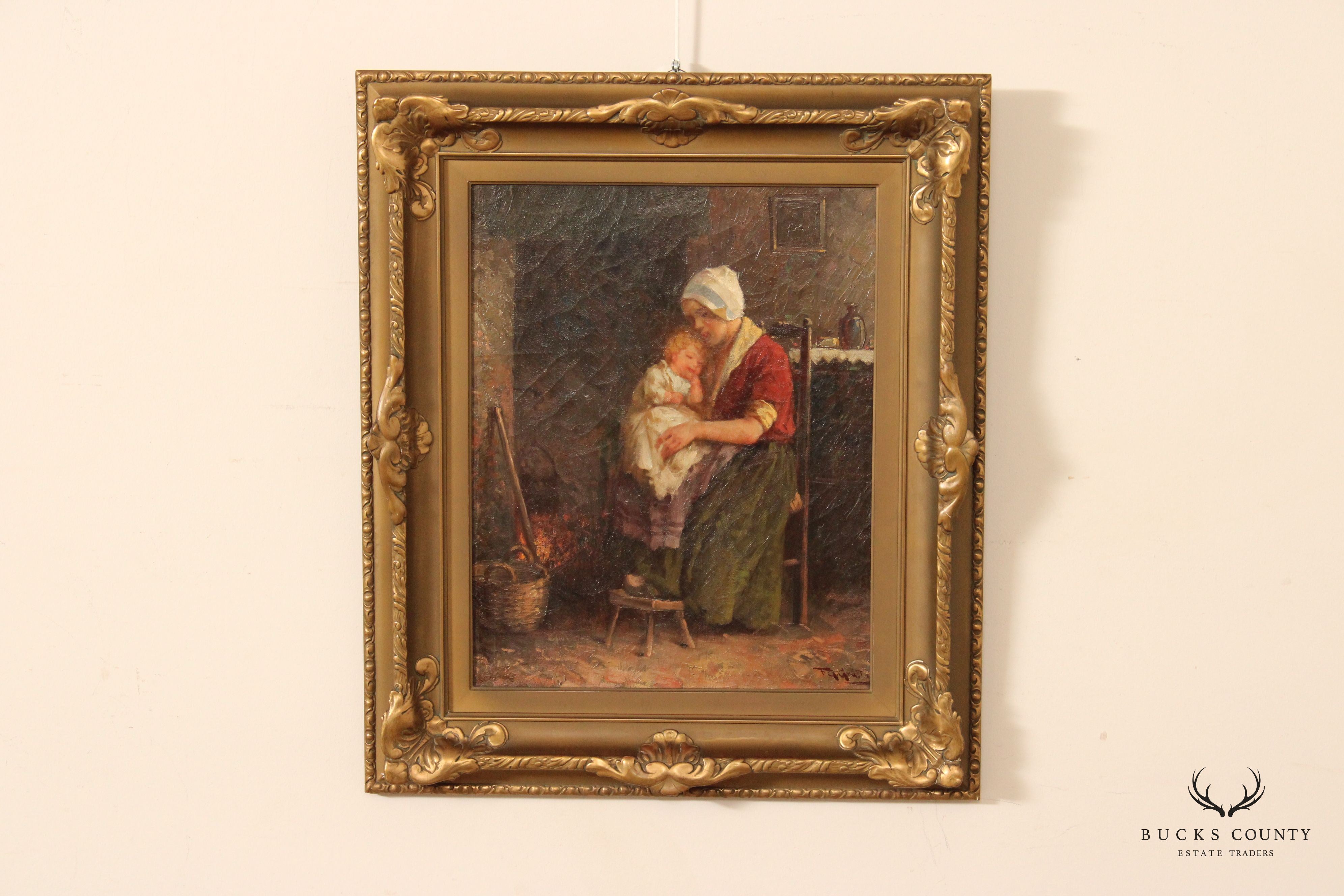 Early 20th C. Dutch Mother and Child Original Oil Painting by F. G. Grust