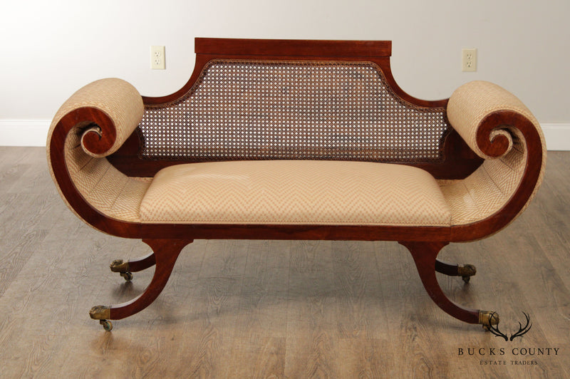 Empire Style Antique Mahogany Cane Back Rolled Arm Settee