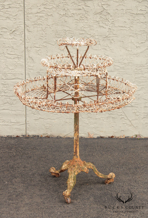 Antique French Wirework and Cast Iron Tiered Plant Stand