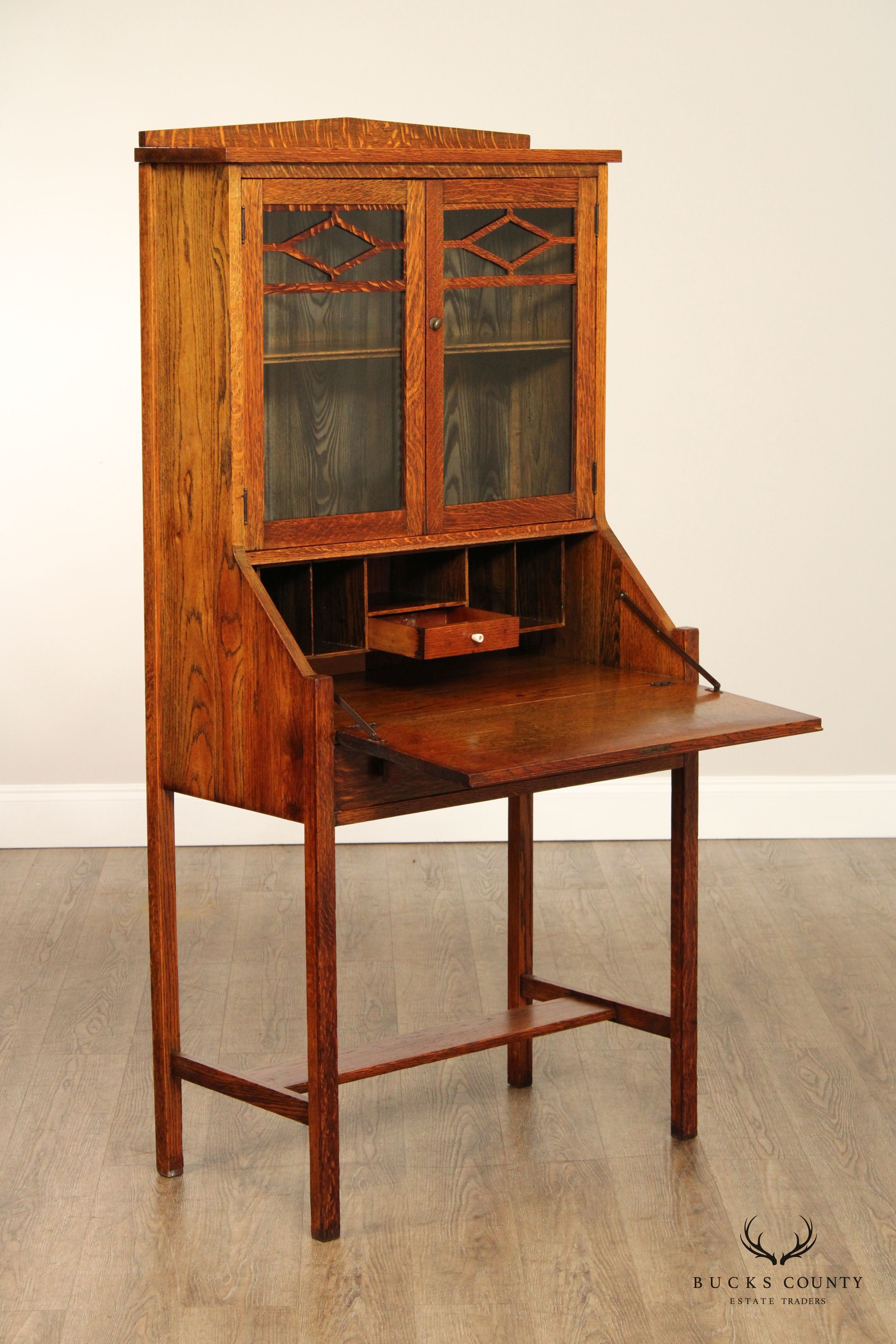 Antique Arts and Crafts Oak Drop Front Secretary Desk