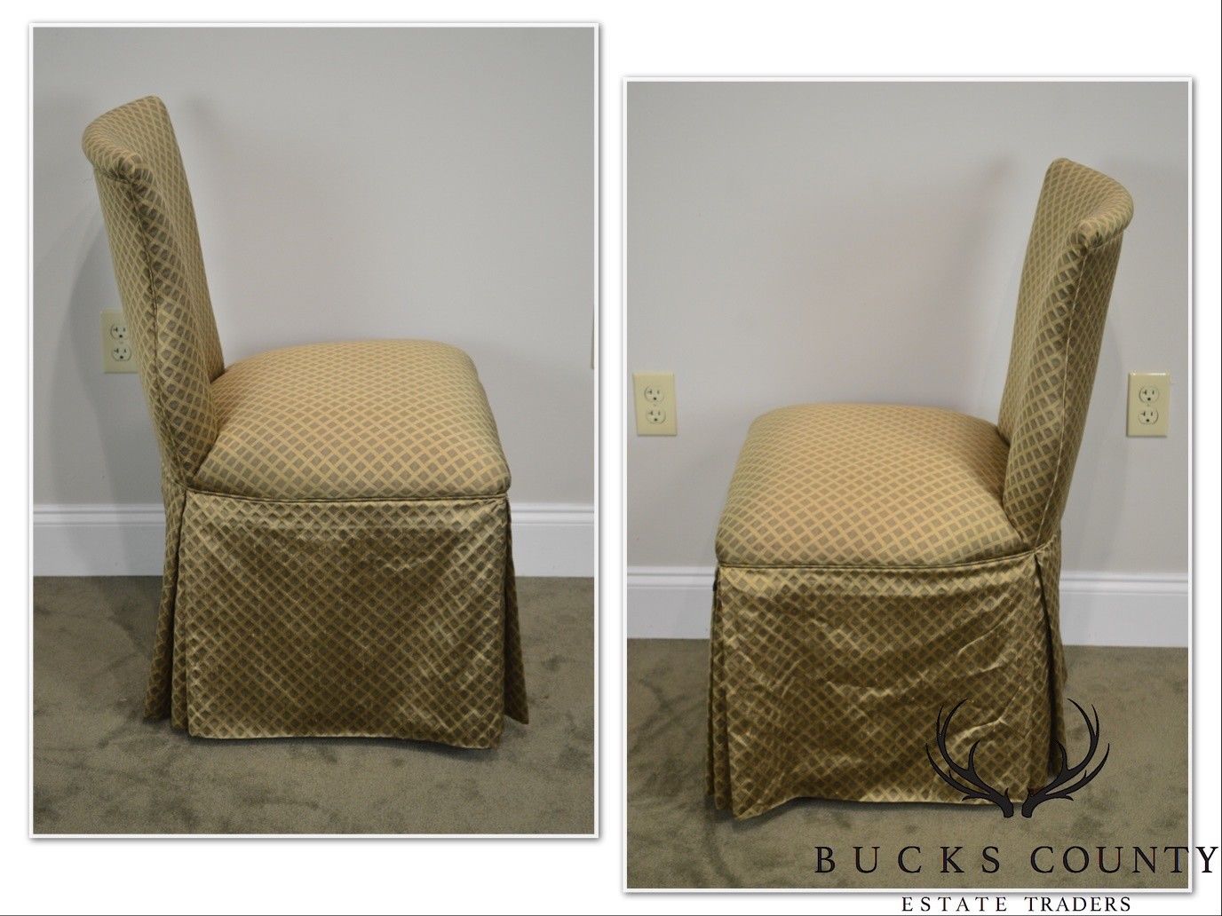 Custom Pair of Catania Dobby Lattice Silk Upholstered Boudoir Slipper Chairs