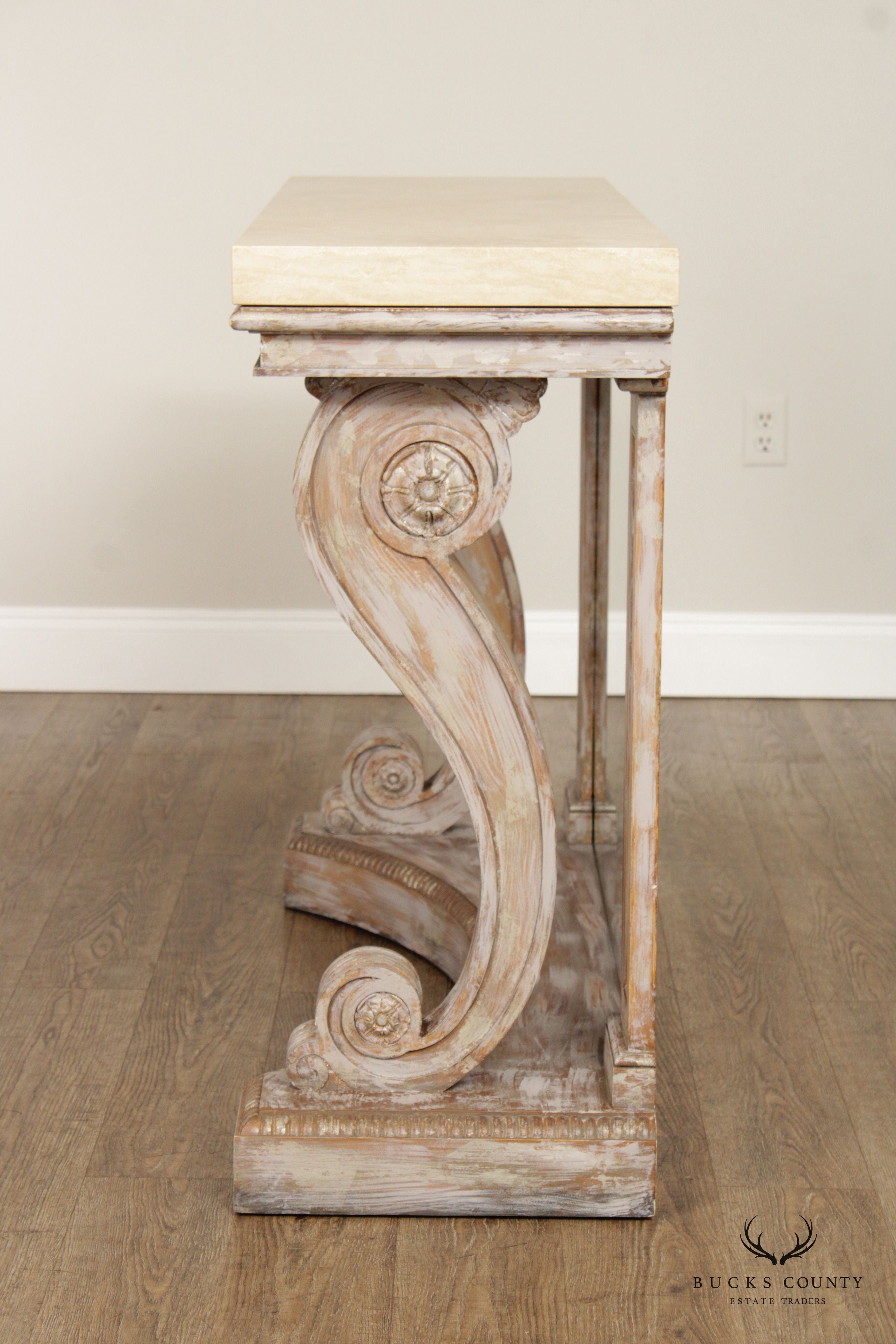 Niermann Weeks Neoclassical Empire Style Pair of Scroll Carved Travertine Top 'Blenheim' Consoles