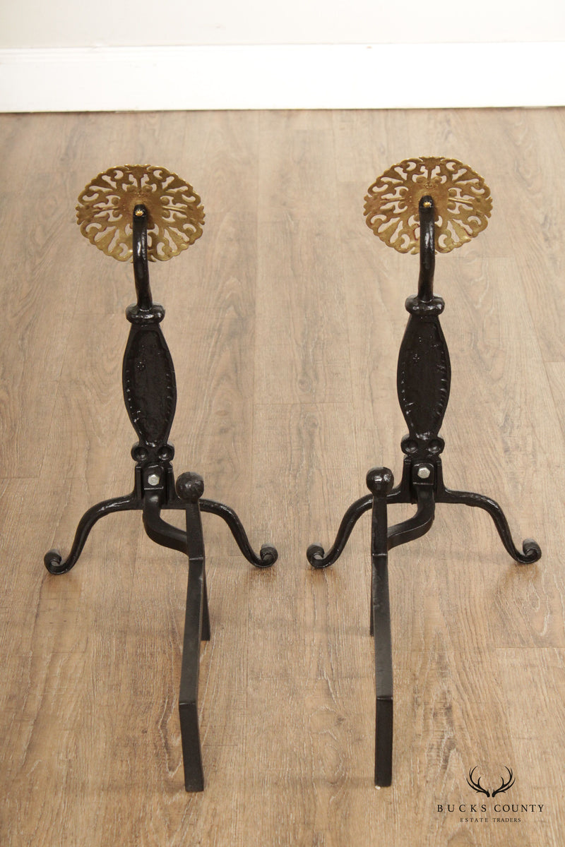 Virginia Metalcrafters Pair Sunflower Brass Fireplace Andirons