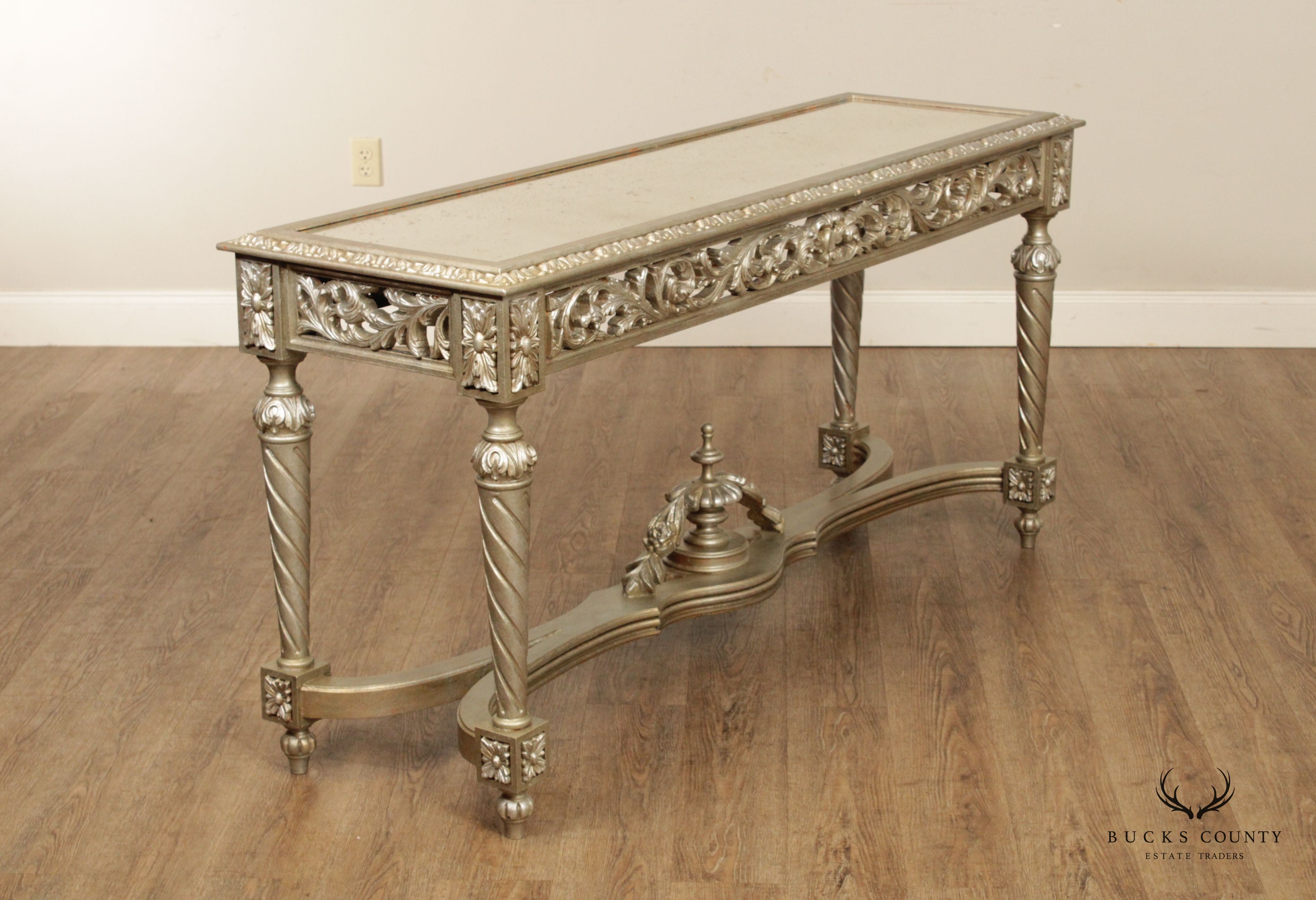 French Louis XVI Style Silvered Mirror Top Console Table