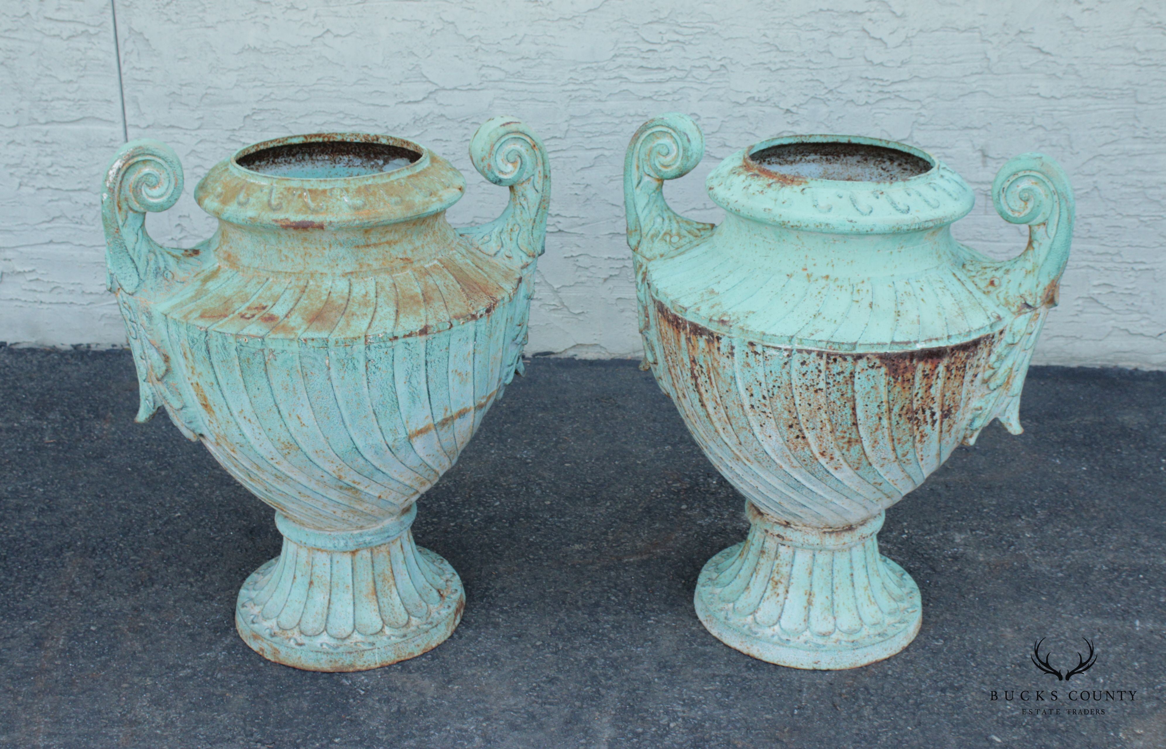 Neoclassical Style Large Pair Verdigris Cast Iron Urn Garden Planters