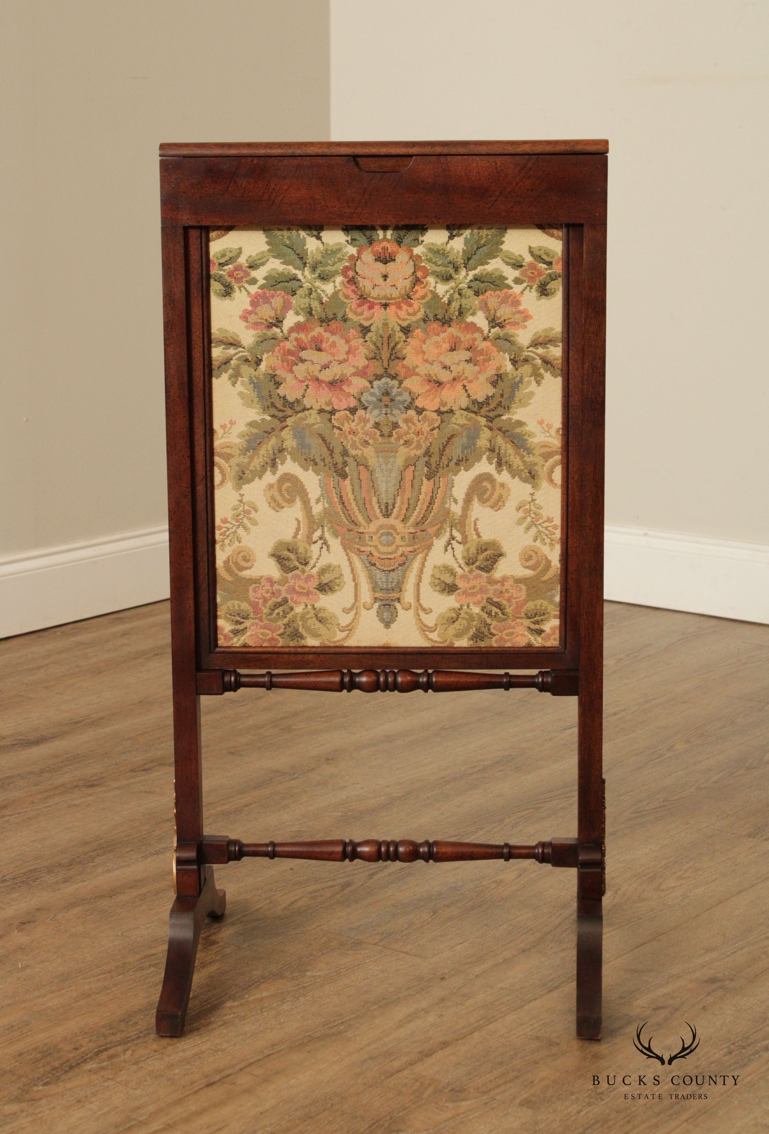 English Victorian Floral Needlepoint Fire Screen