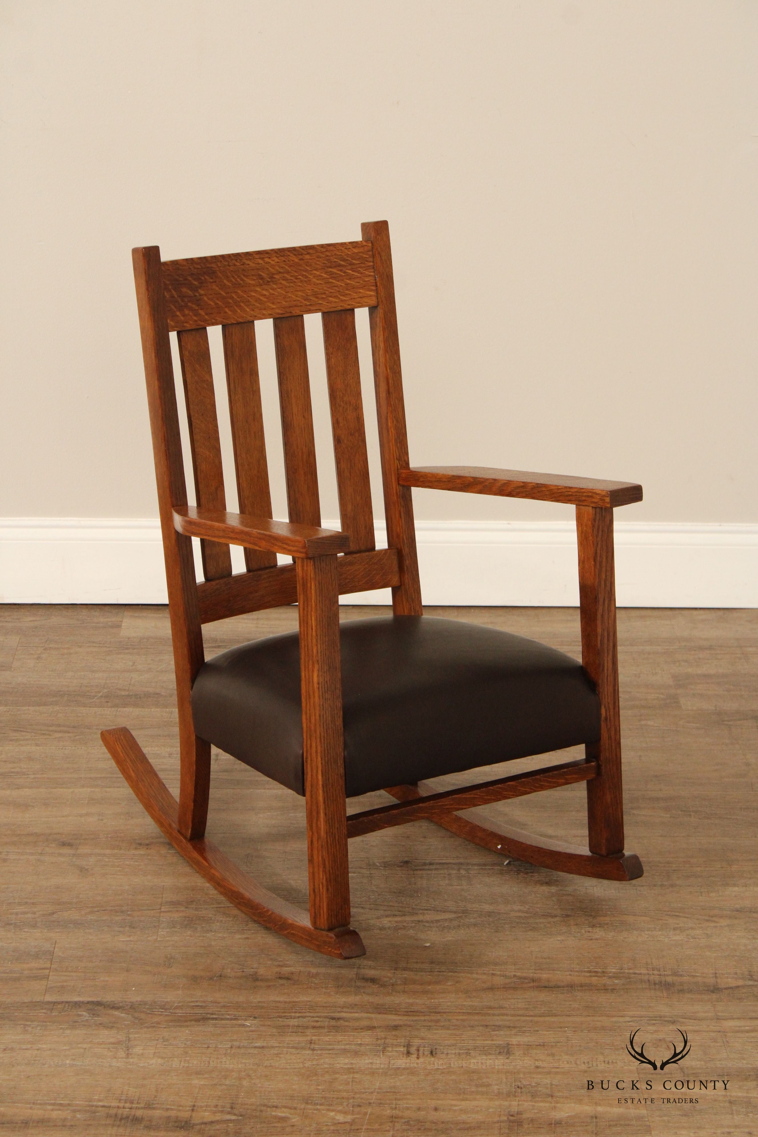 Antique Mission Oak And Leather Childs Rocker