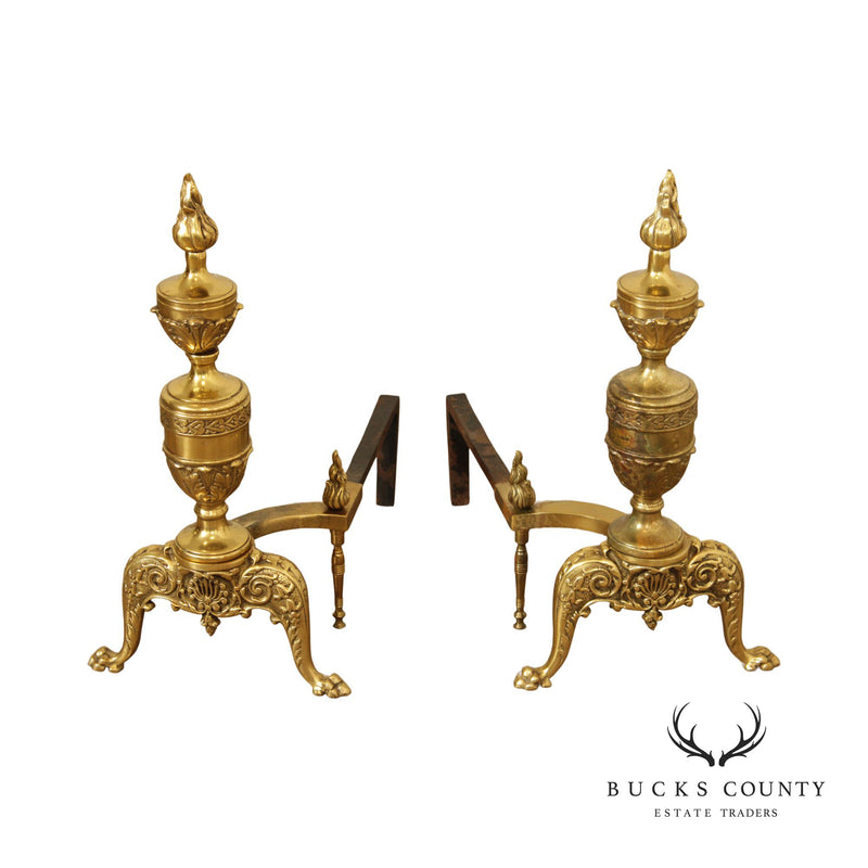 Vintage Pair of Neoclassical Style Brass Andirons