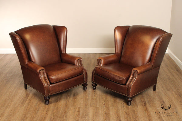 Hancock & Moore Traditional Pair Brown Leather Wingback Lounge Chairs