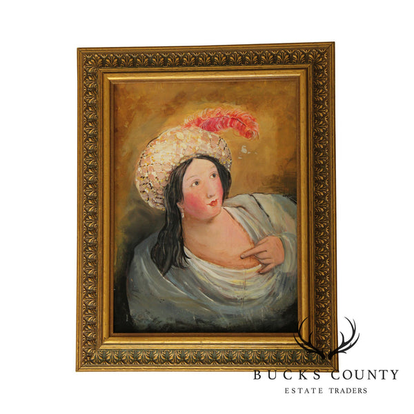 "Woman in Turban" Unsigned Oil Painting on Wood Board FramedArt Print